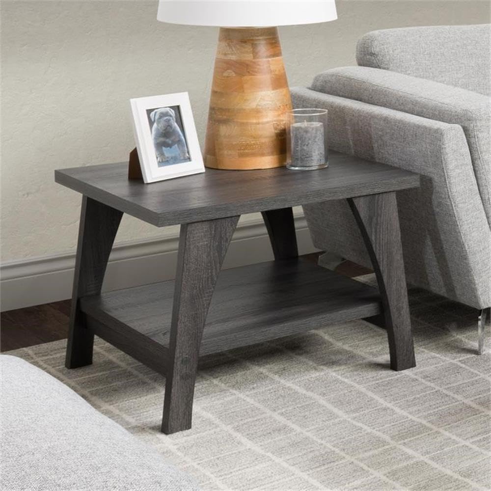 Hollywood Dark Gray Engineered Wood Side Table with Lower Shelf and Curved Legs - Modern End Table for Living Room, Bedroom & Office - Perfect for Holding Lamps, Books & Decor