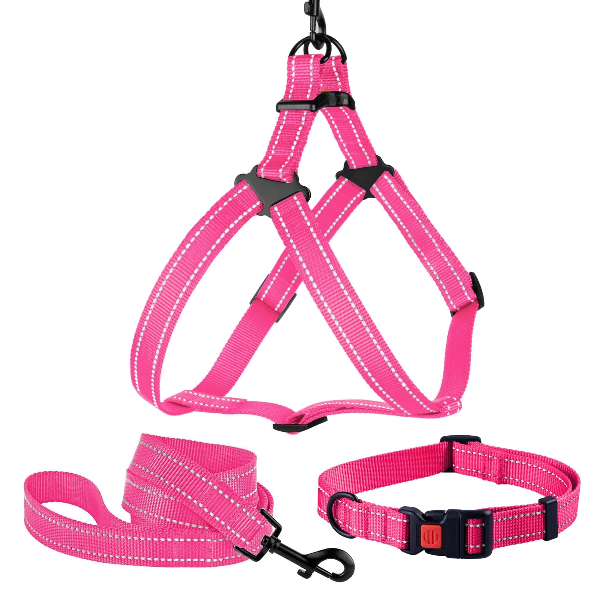 Reflective Dog Collar & Leash Set with Harness for Medium Dogs - Adjustable 12-16 Inch Neck, 5ft Lead - Bright Pink Safety Gear for Night Walks, Jogging, and Outdoor Adventures