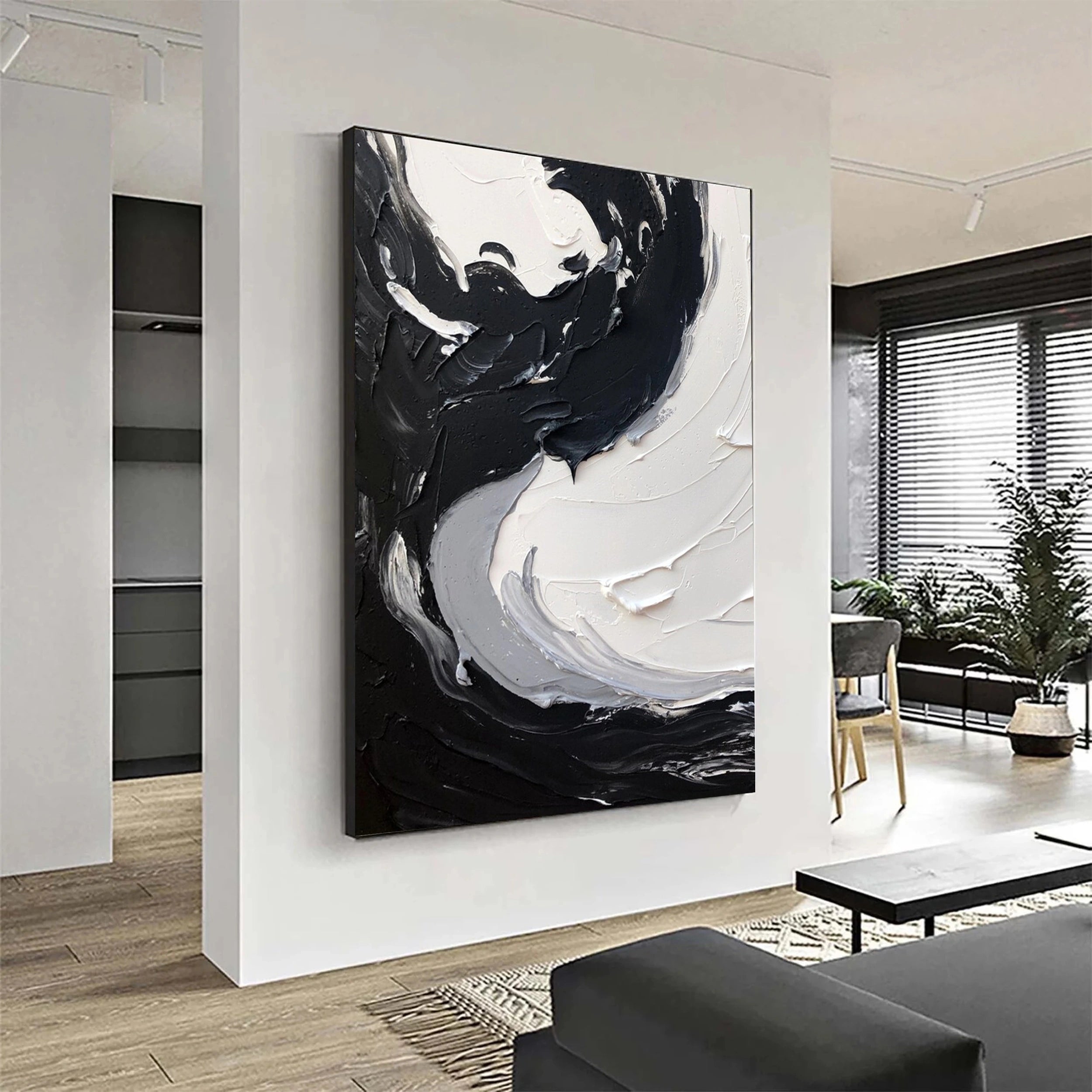 Black and White Textured Minimalist Wall Art Print #MZ068 - Modern Abstract Canvas Painting for Living Room, Bedroom & Office Decor