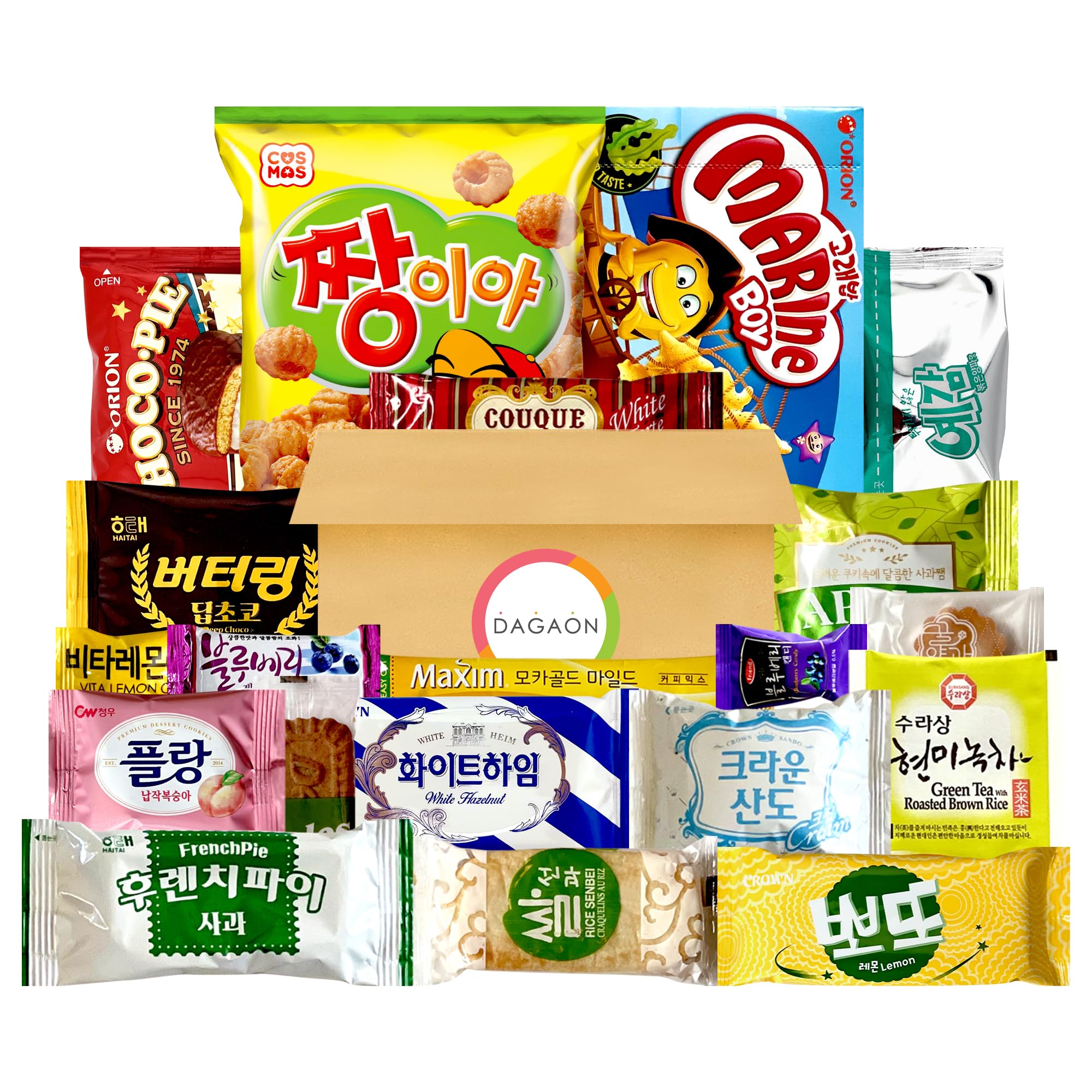 Dagaon Flavorful Mini Korean Snack Box - 20 Count Variety Pack with Chips, Biscuits, Cookies, Pies & Candies | Authentic Korean Treats for Parties, Gifts & Snacking