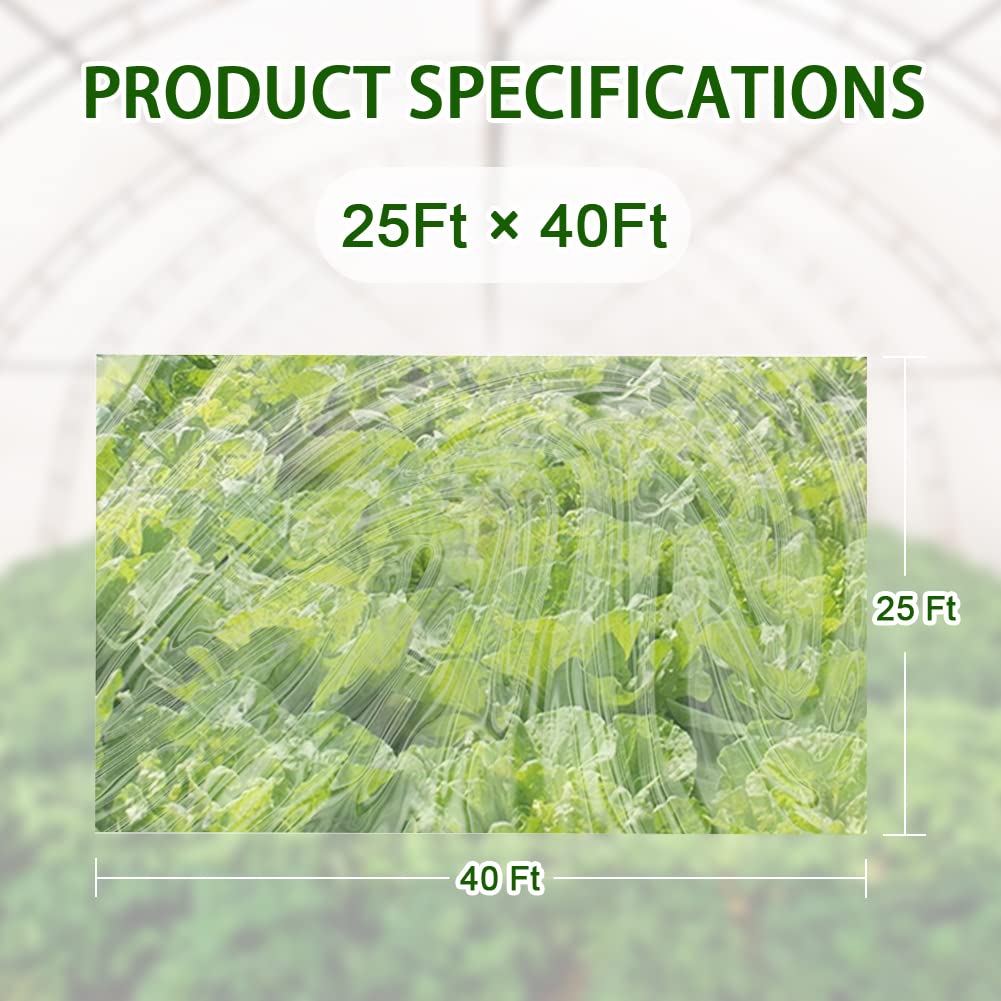 6 Mil Greenhouse Plastic Film Sheeting Cover 25 x 40 Ft - UV Resistant Clear Polyethylene Film for Greenhouses, Hoop Houses, and Farming - Durable Protection for Gardening, Agriculture, and Plant Growth