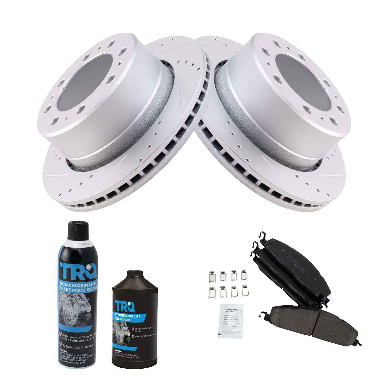 TRQ Rear Ceramic Brake Pads & Performance Rotors with Brake Fluid Kit for Ram 1500/2500/3500 Trucks - High Performance Braking System for Towing & Heavy Duty Use