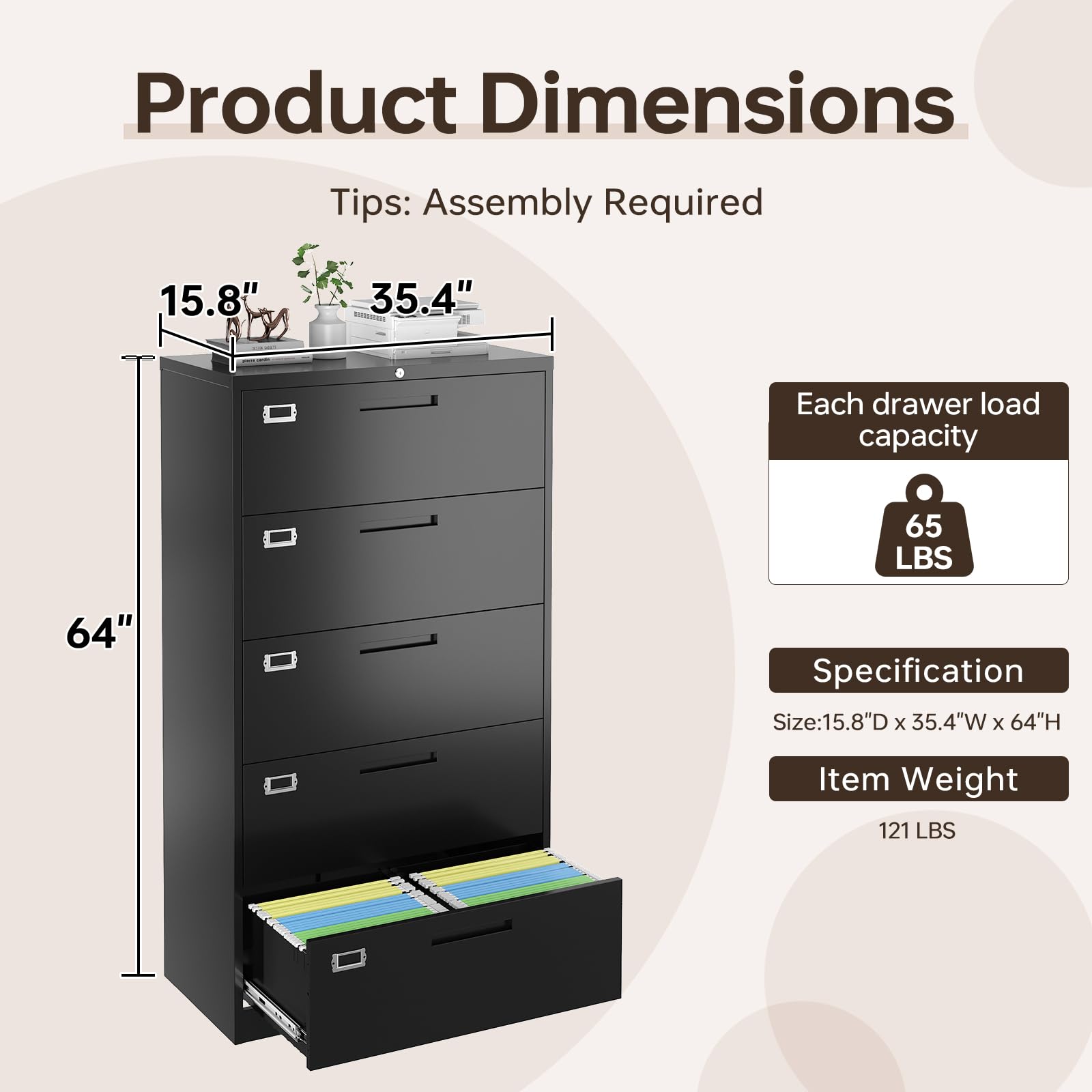 5-Drawer Metal Lateral File Cabinet with Lock - 64