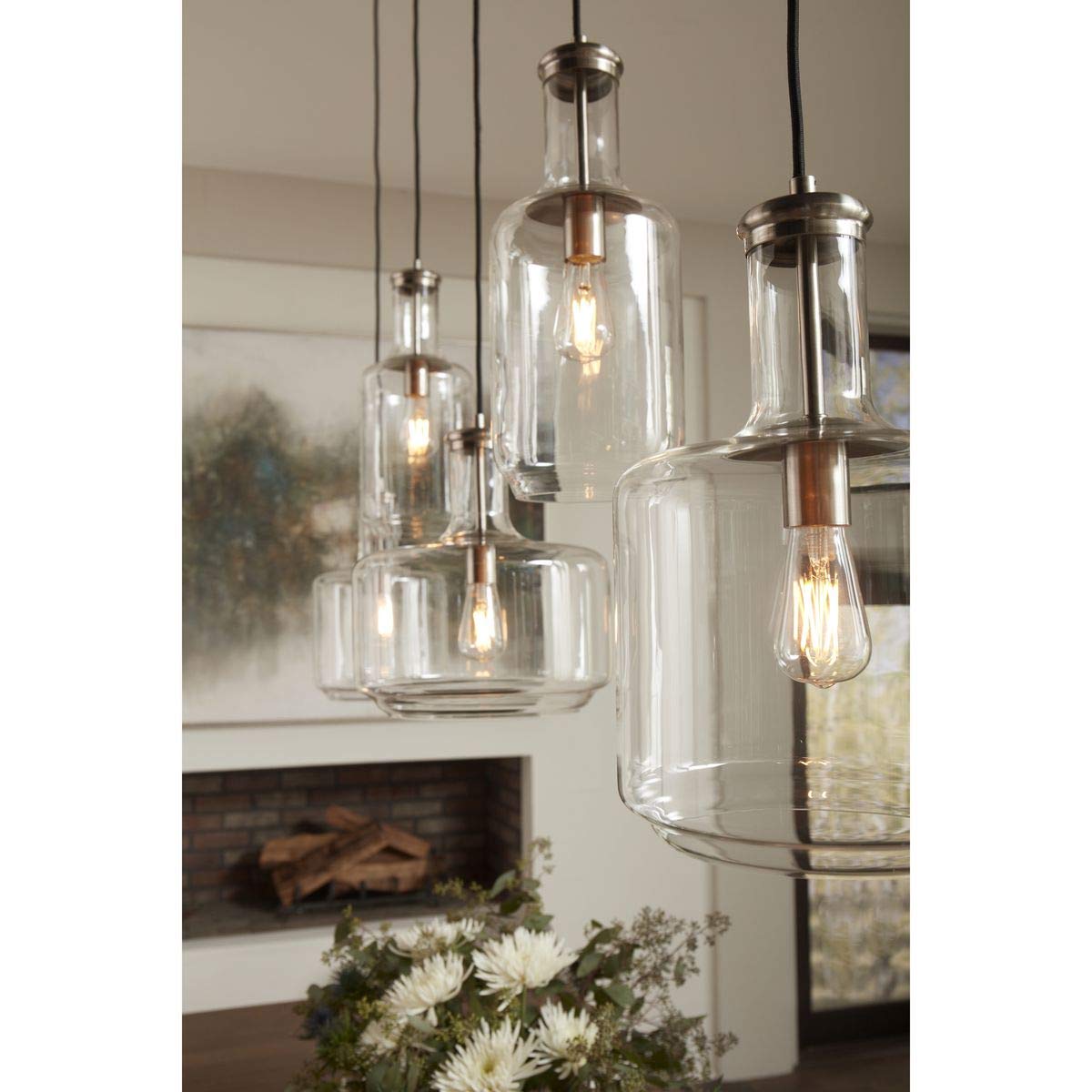 Latrobe Collection 1-Light Clear Glass Coastal Pendant Light Fixture in Brushed Nickel Finish - Perfect for Kitchen Island, Dining Room, and Entryway Lighting