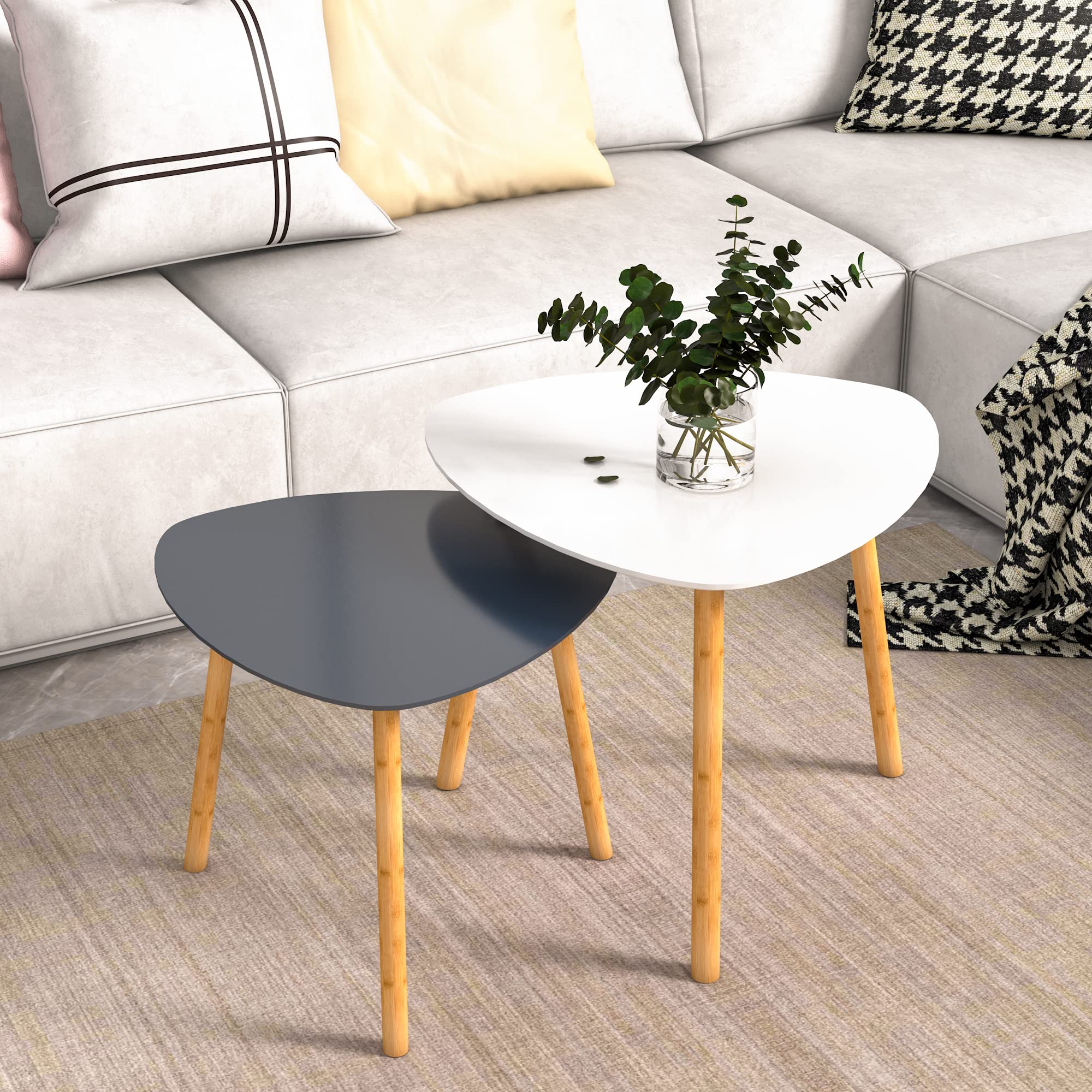 Bambloom Bamboo Nesting Coffee Tables Set of 2 - Modern Triangle End Tables for Living Room, Bedroom, Apartment, Balcony & Small Spaces - White & Gray - Perfect for Coffee Time, Reading Nook & Space-Saving Decor