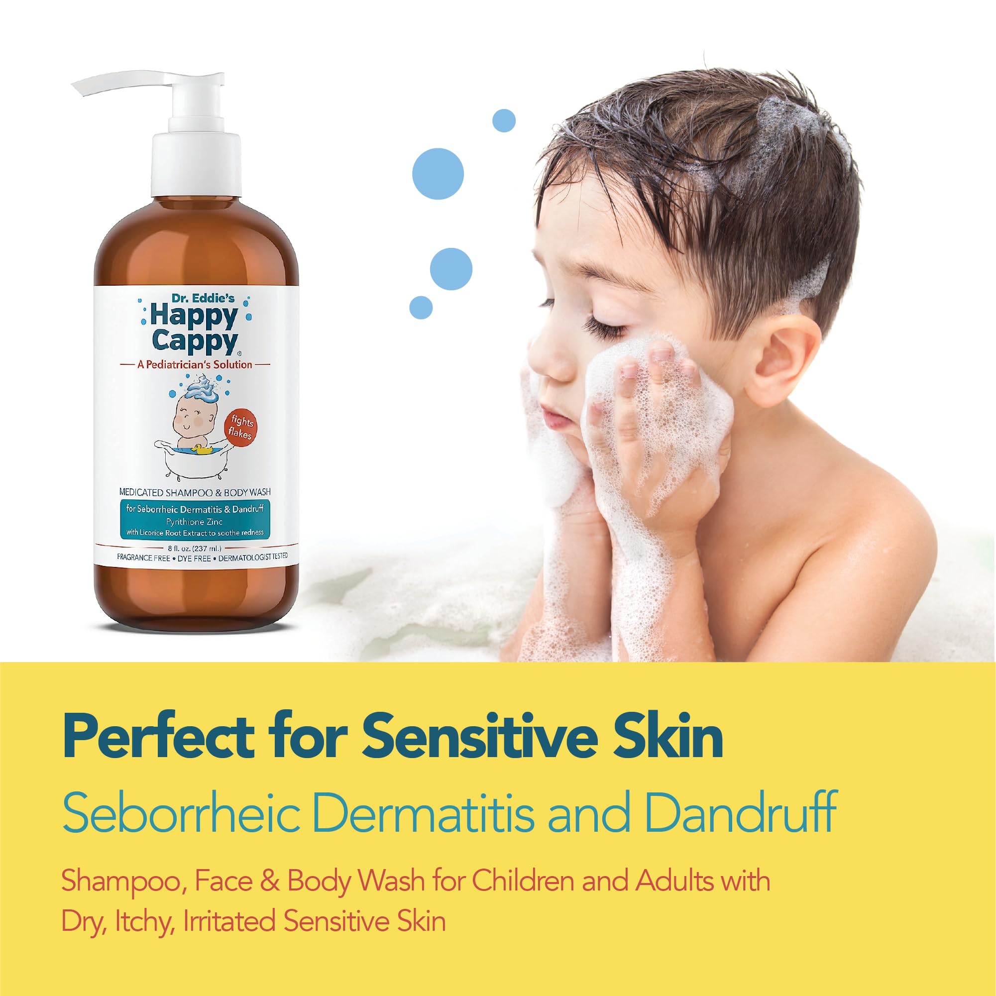 Happy Cappy Dr. Eddie’s Medicated Shampoo & Body Wash for Babies - Fragrance-Free Baby Dandruff Shampoo for Cradle Cap & Seborrheic Dermatitis - Soothes Redness & Irritation - Dermatologist Tested - 8 Fl Oz (Pack of 4) - Gentle Daily Wash for Newborns & Sensitive Skin