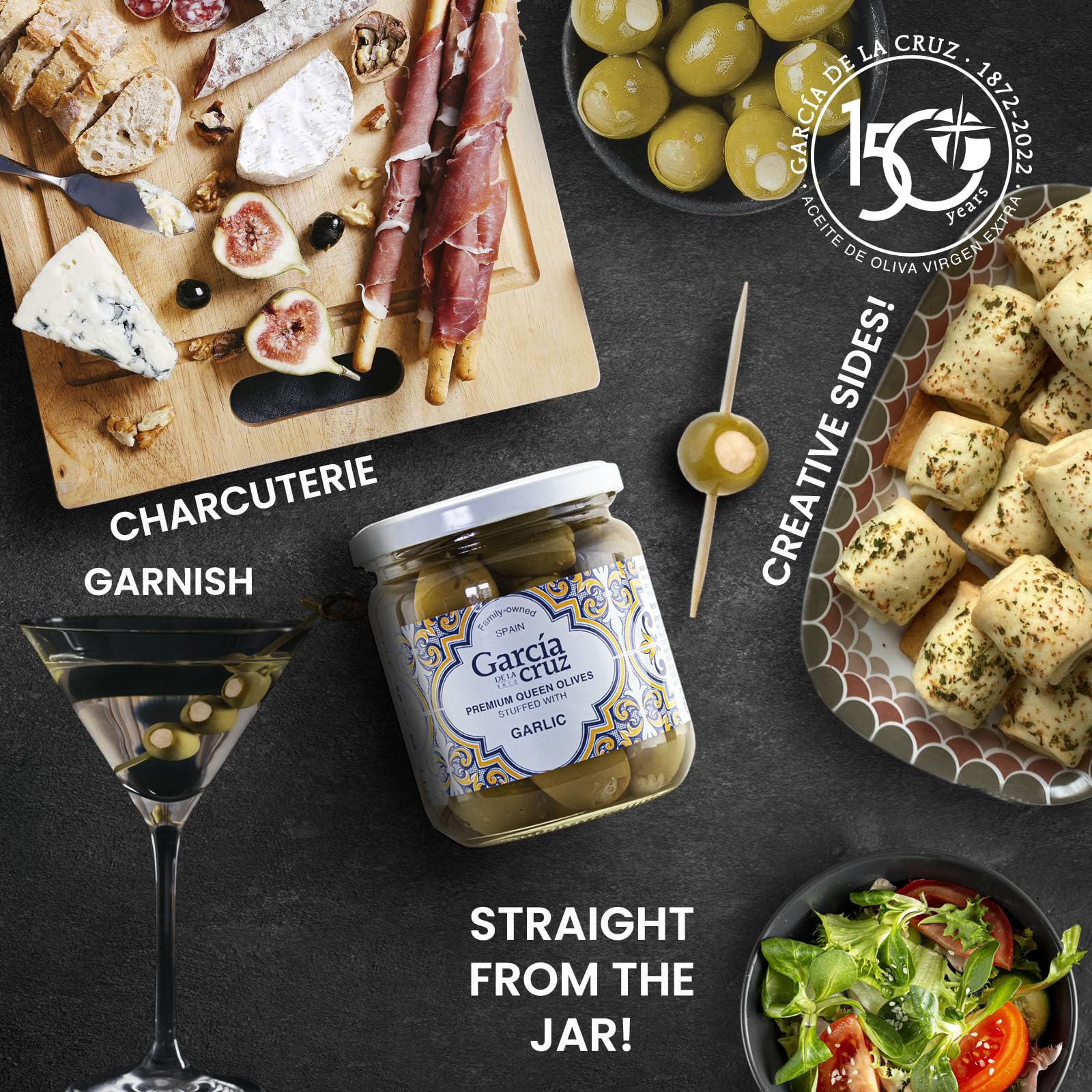 Premium Spanish Garlic Stuffed Queen Olives - Gourmet Stuffed Olives for Charcuterie Boards, Salads & Cocktails - 100% Natural Imported Olives