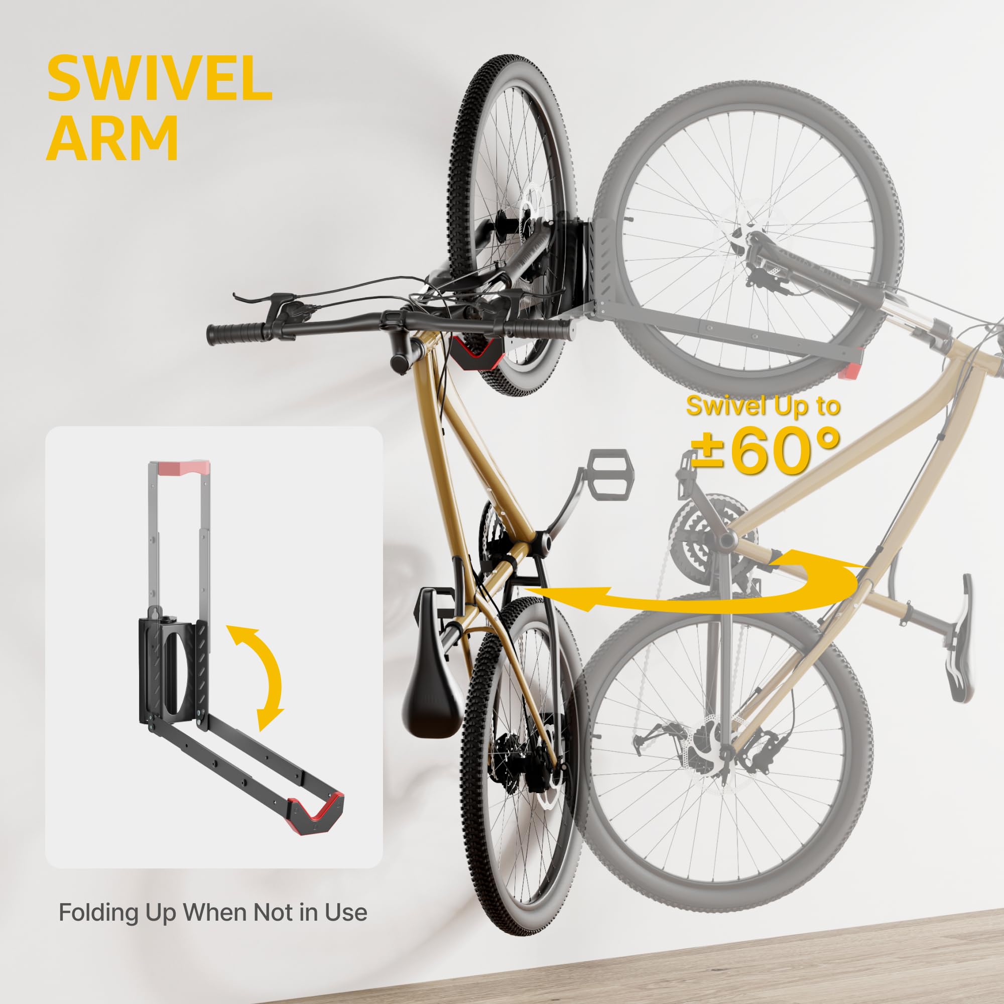monTEK Swivel Bike Wall Mount - Heavy Duty 2 Pack, No Heavy Lifting Bike Hanger for Garage Storage, Space Saving Bike Rack Holds Up to 77 lbs - Perfect for Small Apartments, Cycling Enthusiasts & Home Gym Organization