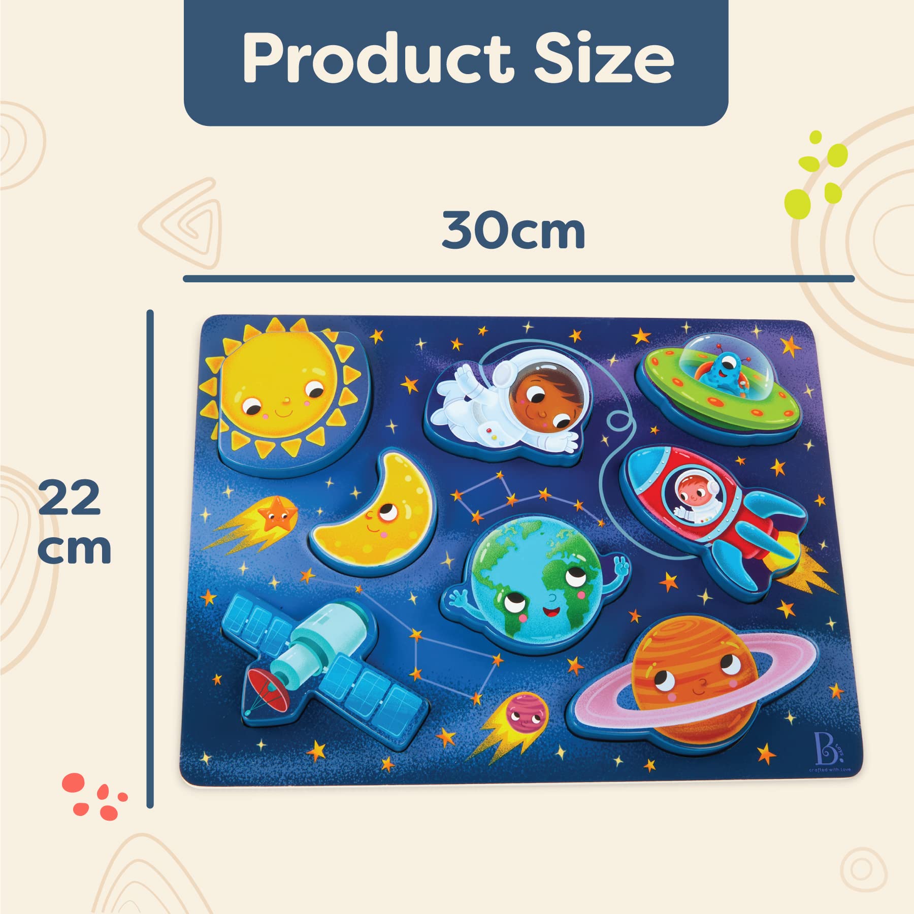 B. Toys Peek & Explore Outer Space Chunky Puzzle for Toddlers & Kids – Planets, Astronauts, Spaceships – Educational Wooden Puzzle for Ages 2+ – Perfect for Preschool Learning & Space-Themed Playtime