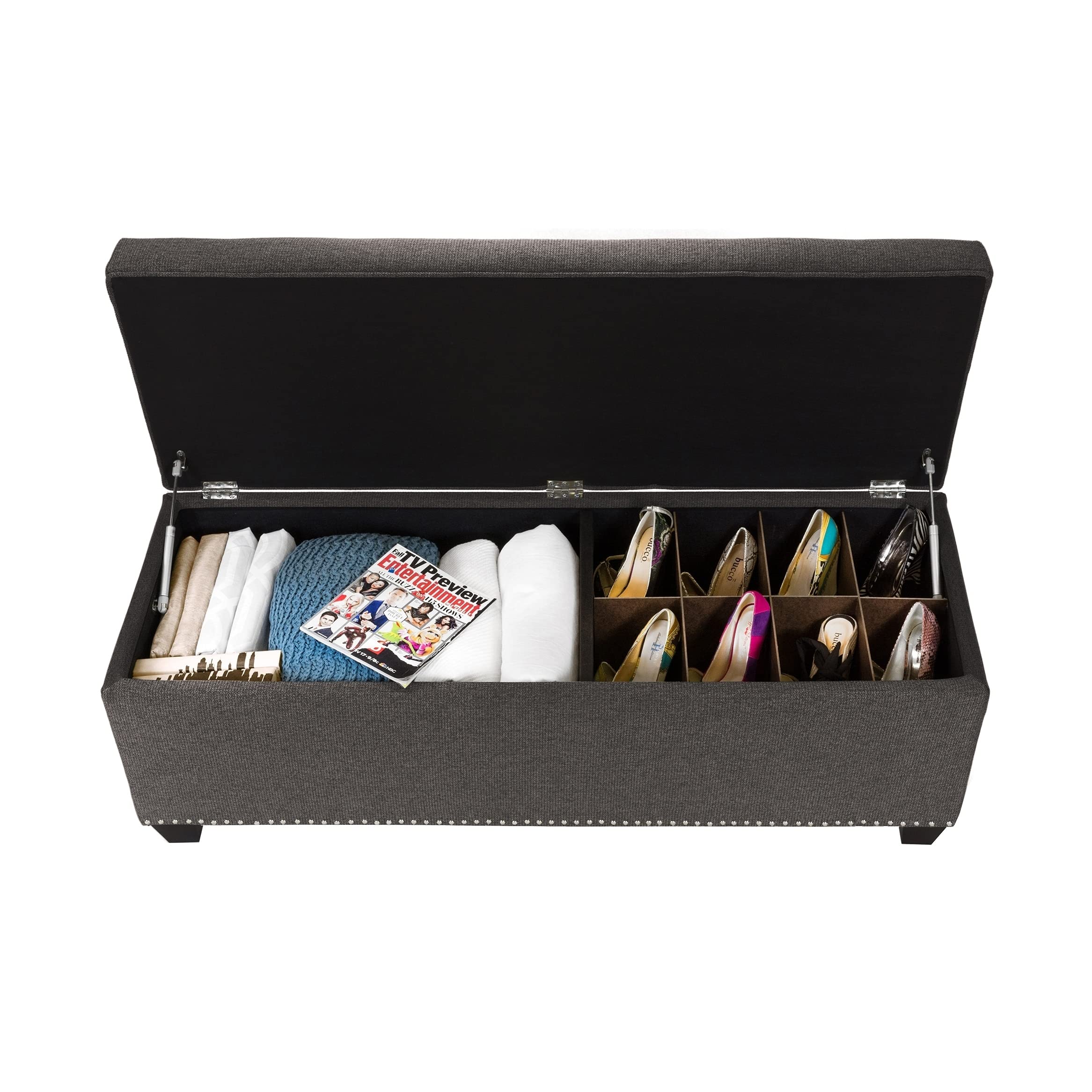 MJL Furniture Upholstered Shoe Storage Bench with Removable Cushion - Platinum Gray, Modern Entryway Bench for Hallway, Living Room & Bedroom Organization