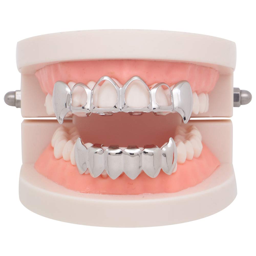 18K Gold Plated 4 Open Face Grillz Teeth - Top & Bottom Grill Set for Men and Women | Hip Hop Jewelry, Rap Style Accessories for Concerts & Parties