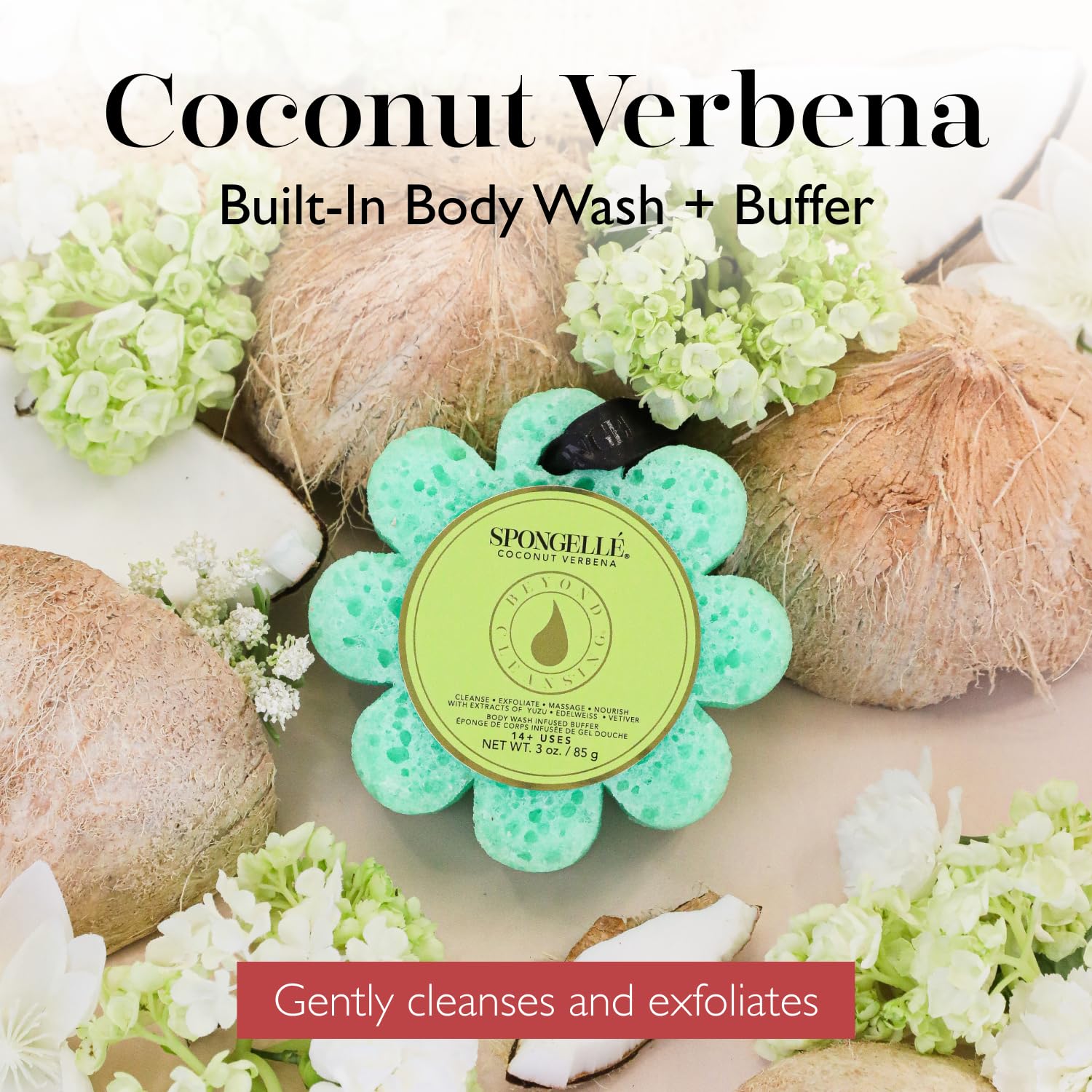 Spongelle Coconut Verbena Wild Flower Body Scrubber & Exfoliating Loofah Sponge - Infused with Body Wash for Women | 14+ Uses - Perfect for Bath, Shower & Spa Day Self Care