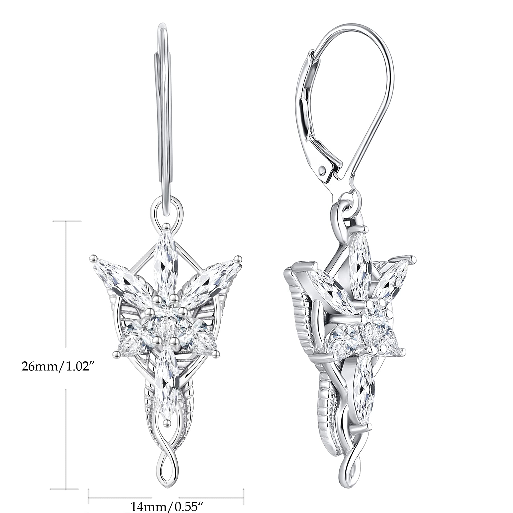 JO WISDOM Women's 925 Sterling Silver Arwen Evenstar Leverback Dangle Earrings with 5A Cubic Zirconia - Elegant Elvish Jewelry for Weddings, Parties & Cosplay