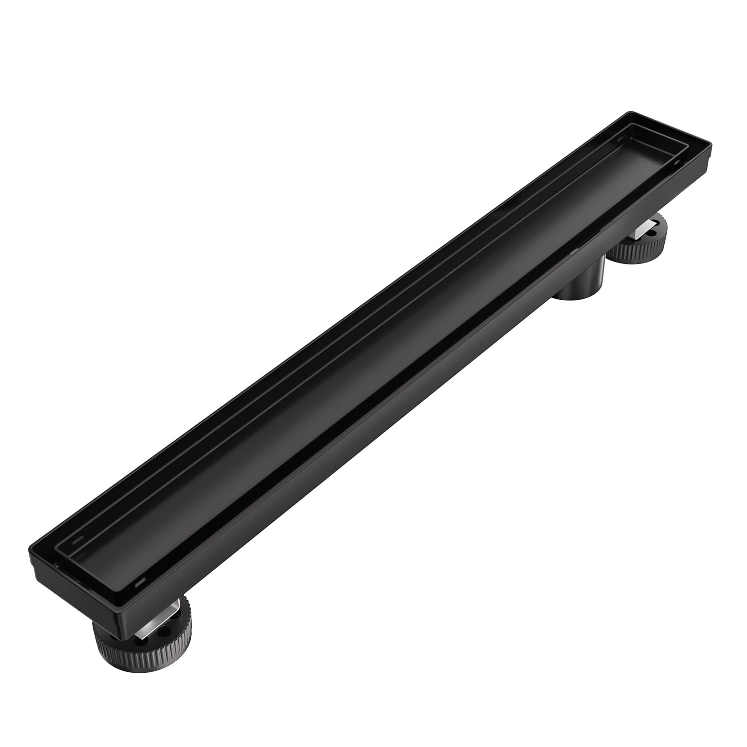 EXF 24-Inch Matte Black Offset Linear Shower Drain - Stainless Steel Rectangle Floor Drain with Reversible Cover & Hair Catcher - Adjustable Feet for Tile & Flat Installations | Perfect for Modern Bathroom Renovations & Walk-In Showers