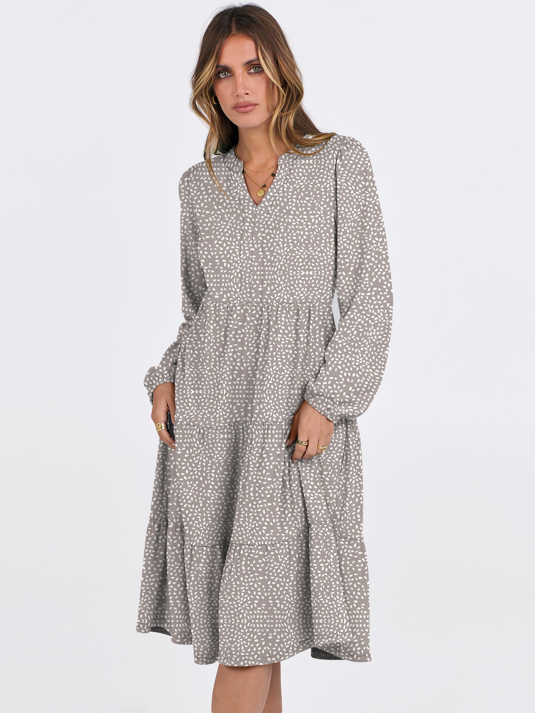 ANRABESS Women's Long Sleeve V-Neck Flowy Swing Dress - 2025 Spring Casual Loose Fit Tiered Maxi Dress for Vacation, Beach, Party & Everyday Wear