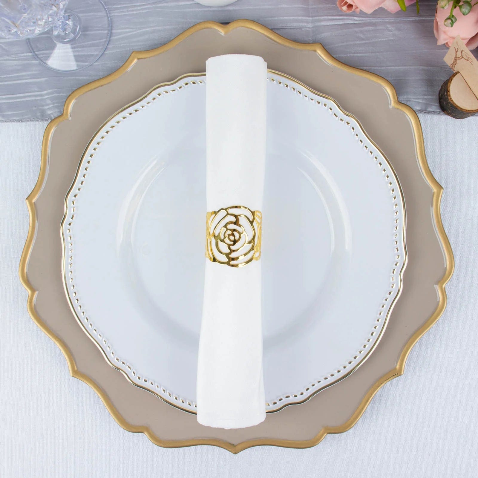 4 Pack Laser Cut Rose Flower Design Decorative Metal Napkin Rings - Gold for Wedding, Party, and Holiday Table Decor