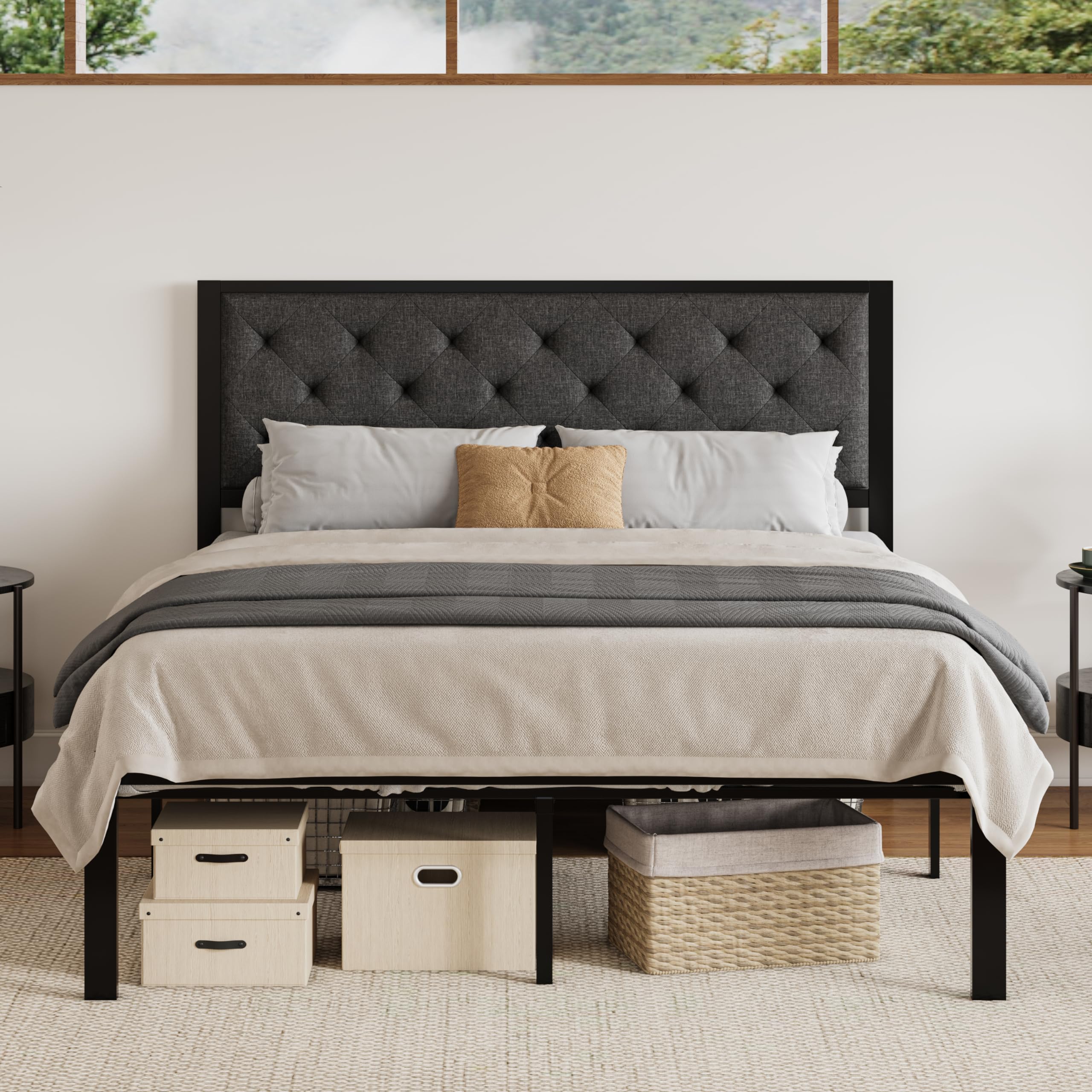 SHA CERLIN Queen Size Bed Frame with Upholstered Fabric & Button Tufted Headboard - 17 Reinforced Metal Slats Support, No Box Spring Required, Easy Assembly, Dark Grey - Perfect for Master Bedrooms, Guest Rooms & Modern Apartments