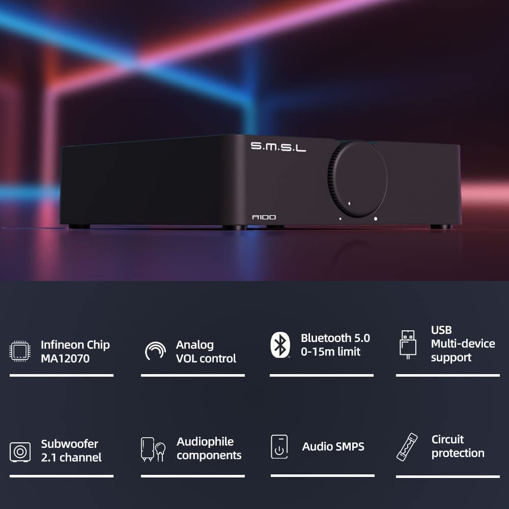 SMSL A100 HiFi Stereo Amplifier with Infineon MA12070 Chip - 2x80W Power, USB & Bluetooth 5.0 - Perfect for Home Audio, Studio Monitoring & Multi-Device Streaming