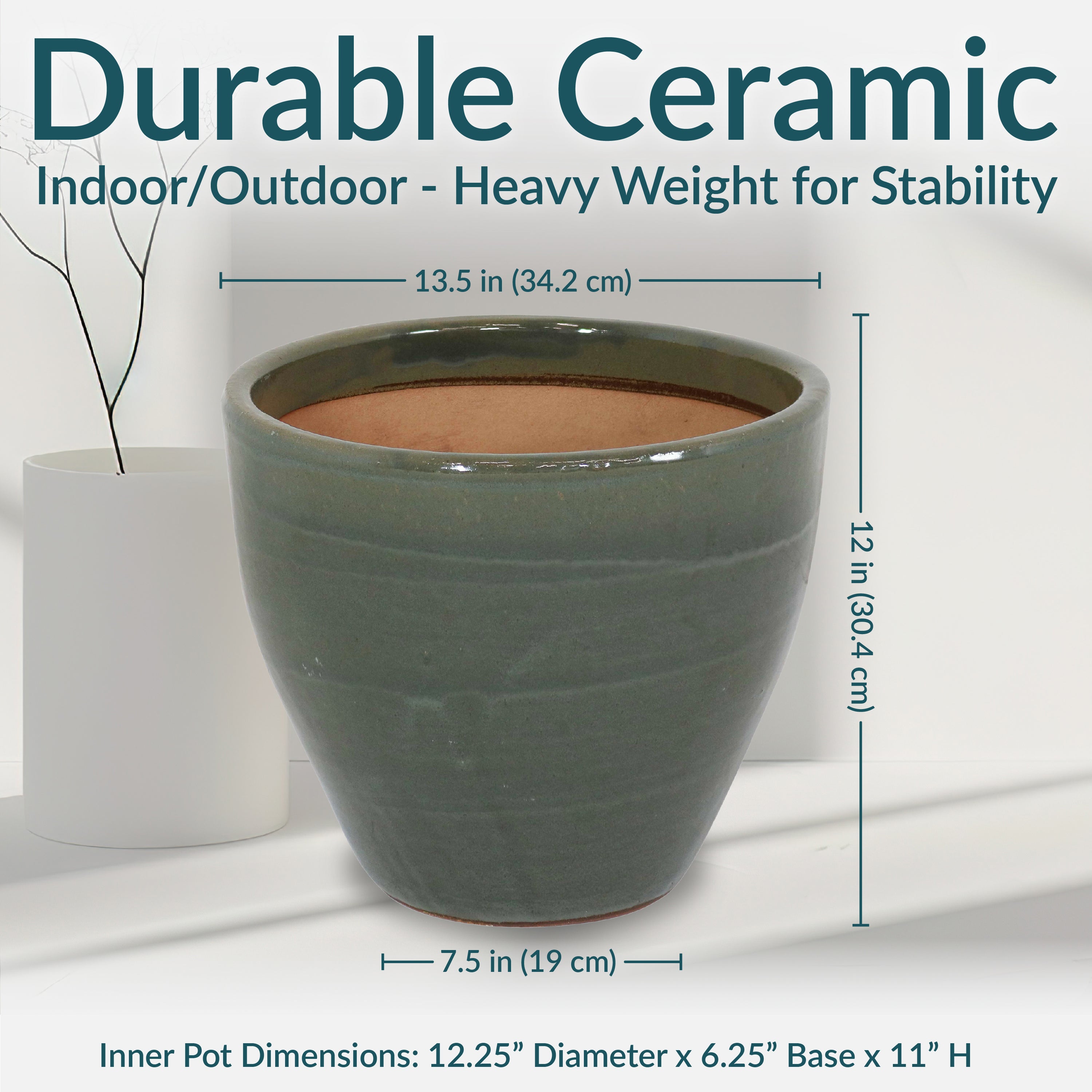 Sunnydaze Resort Round Glazed Ceramic Planter with Drainage Hole - Outdoor Garden Flower Pot for Patio, Deck & Balcony Decor