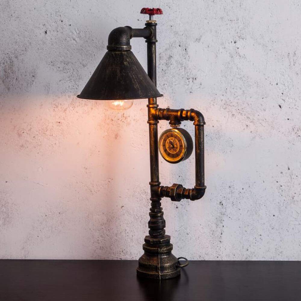 Vintage Industrial Steampunk Metal Water Pipe Table Lamp with Clock - E27 Edison Bulb Retro Desk & Bedside Light - Perfect for Loft, Cafe, Bar, Bedroom, Office & Art Deco Spaces