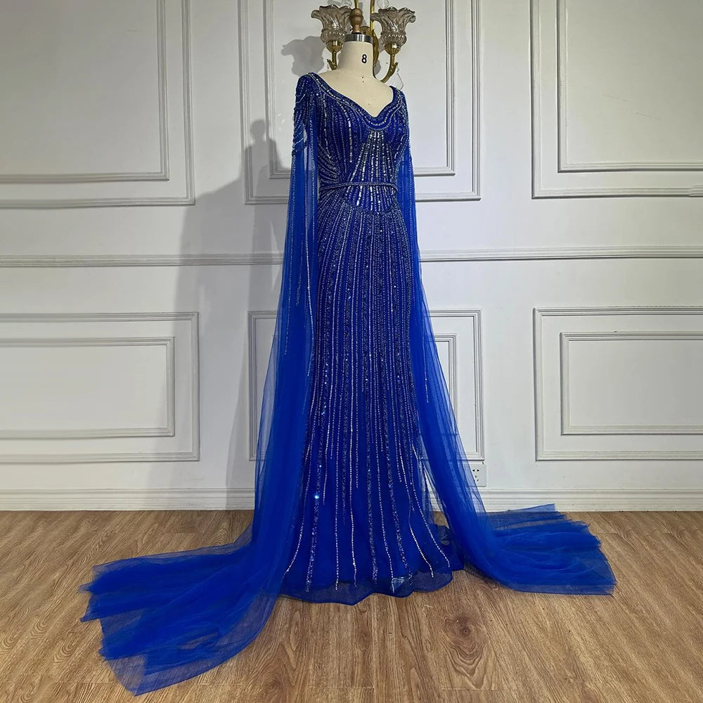 Elegant Dubai Royal Blue Beaded Arabic Evening Gown with Cape Sleeves - Luxury Women's Party Dress for Special Occasions | Perfect for Weddings, Galas & Formal Events 2025 LA72502