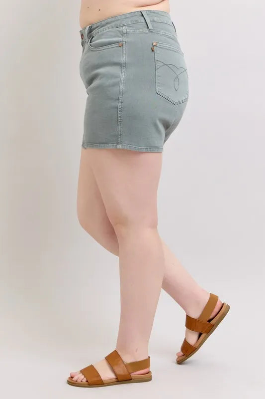 Judy Blue Women's Plus Size Garment Dyed Shorts with Back Pocket Embroidery - Comfortable Casual Wear for Summer Outings & Beach Vacations