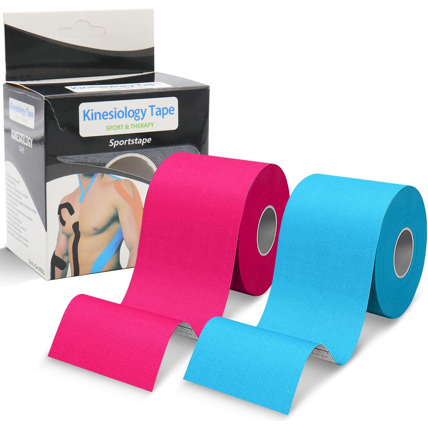 ZSMJAER Kinesiology Tape 2 Rolls (Blue & Pink) - 5m x 5cm Elastic Waterproof Athletic Tape for Shoulder, Knee, Neck & Muscle Pain Relief - Perfect for Sports Recovery, Physical Therapy & Injury Support