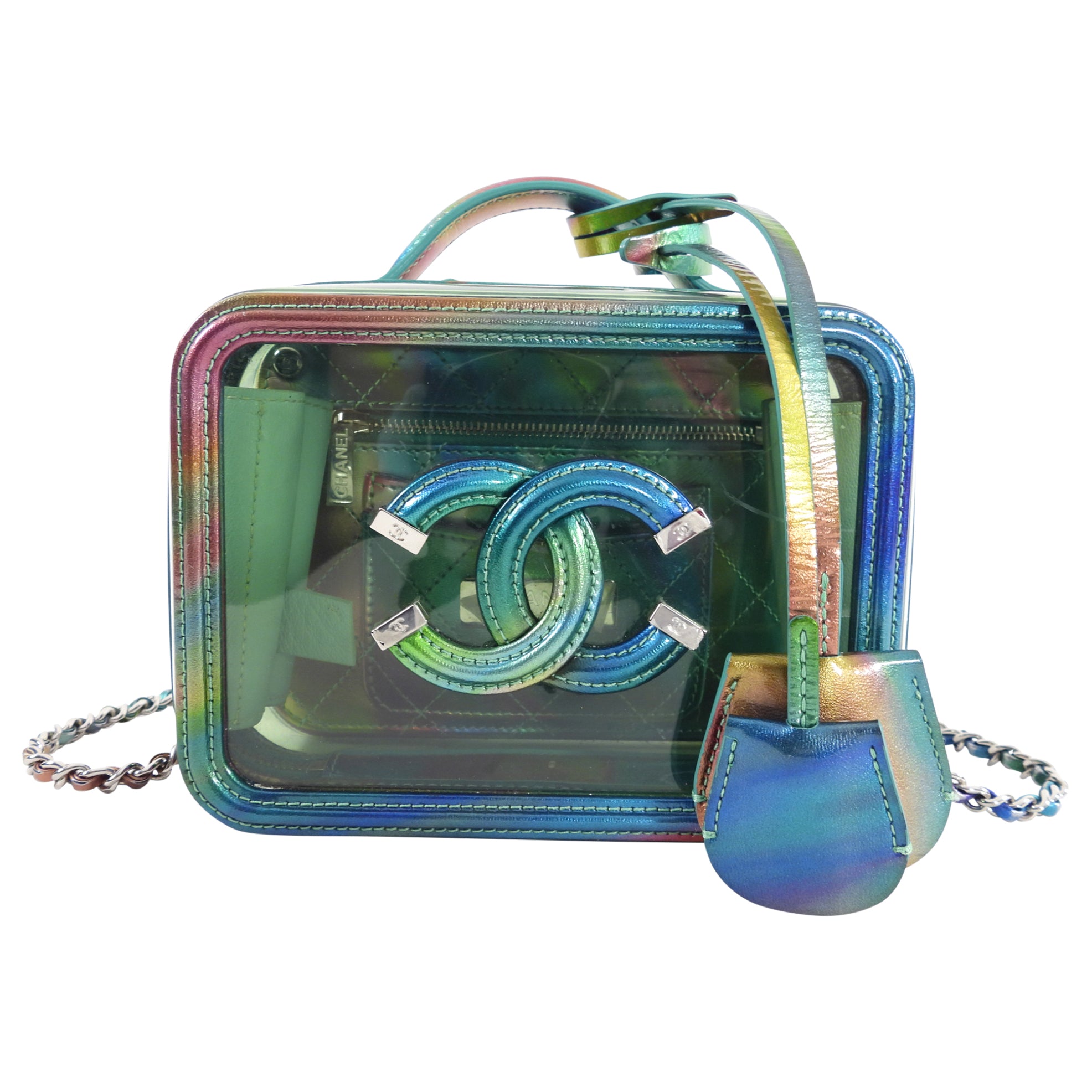 Chanel 20C Iridescent Rainbow Filigree Clear PVC CC Vanity Case - Luxury Designer Cosmetic Bag for Women, Perfect for Travel & Everyday Use