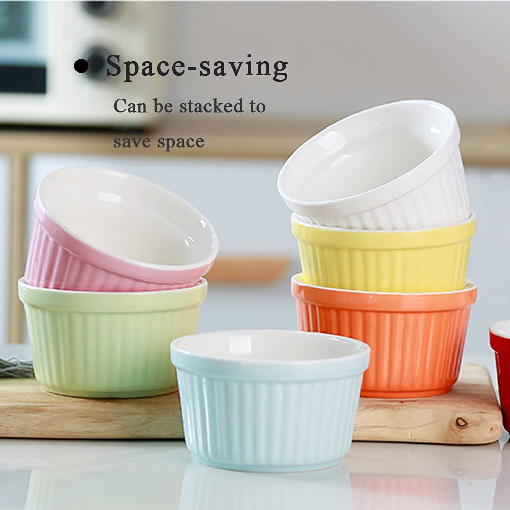 6oz Porcelain Ramekins Set of 6 - Oven Safe Baking Bowls for Creme Brulee & Souffle