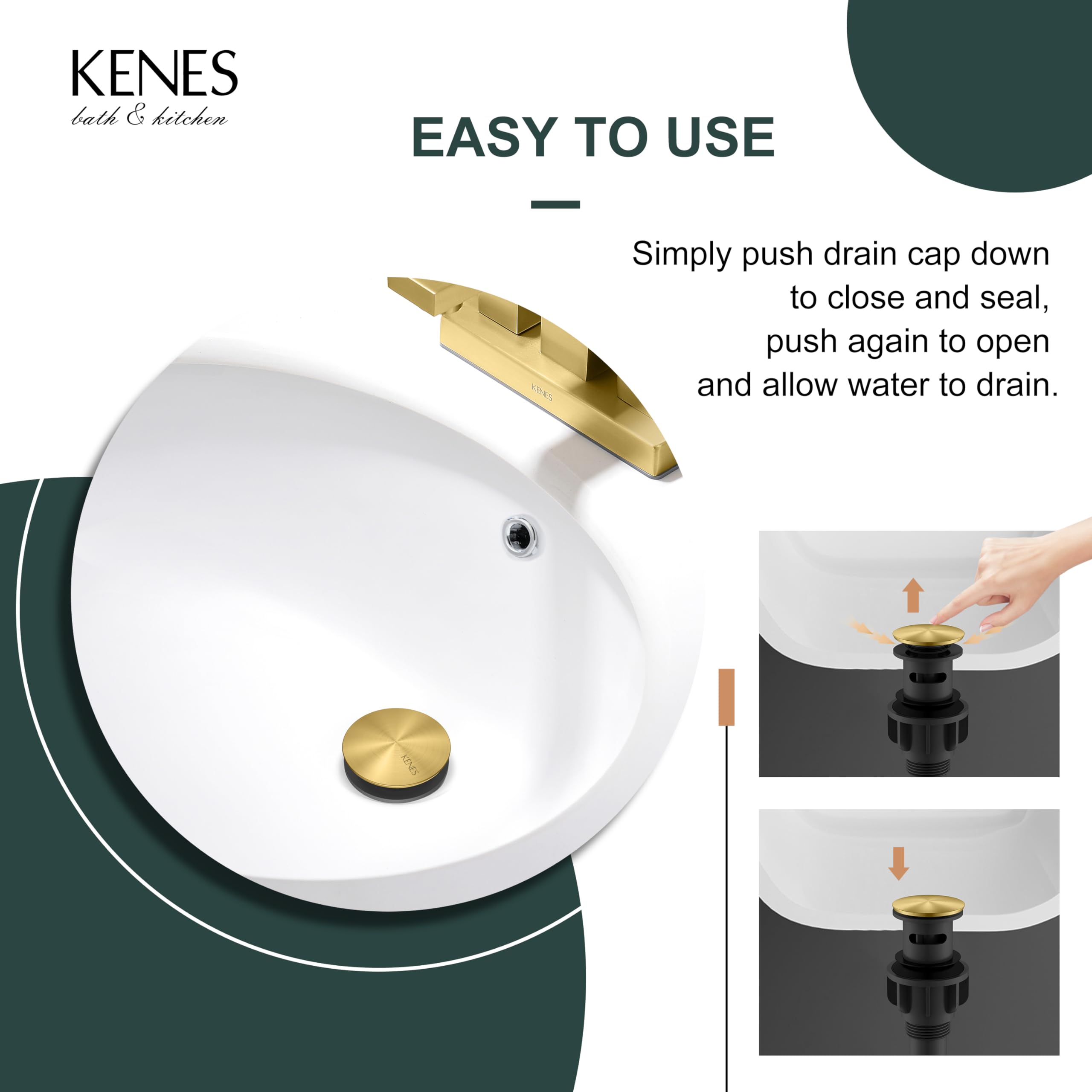 Kenes Brushed Gold Pop-Up Bathroom Sink Drain with Overflow & Strainer - Premium Vessel Vanity Drain Stopper for Modern Bathroom & Lavatory Sinks (Perfect for Home, Hotel, and Spa Renovations)