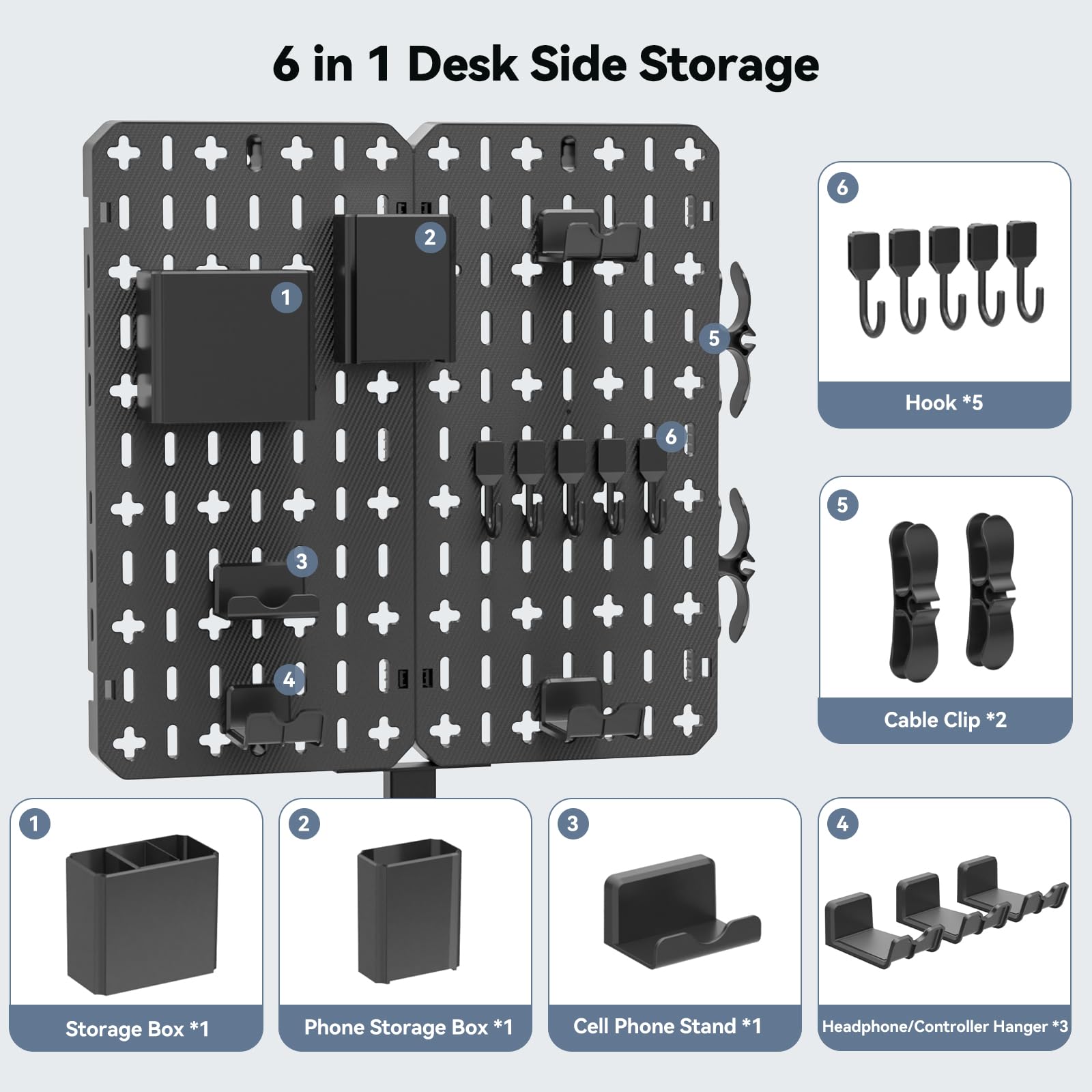 KDD 7-in-1 Clamp-On Desk Pegboard Organizer - No Drill Required, Includes Phone Stand, Pen Holder, Storage Box, Headset & Controller Holder, Hooks | Detachable Gaming & Office Accessories for Home & Workspace Organization | Perfect for Small Spaces, Gaming Setups & Home Office Desks