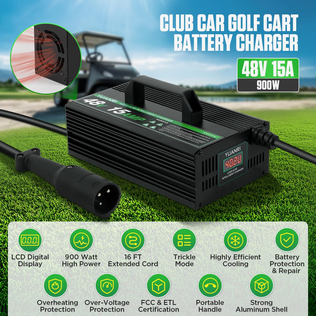 48V Golf Cart Battery Charger for Club Car - 15 AMP 48 Volt Charger with 16 FT Cord & Trickle Charge - Compatible with 48V Lead Acid Batteries - Perfect for Golf Courses, Resorts & Home Use