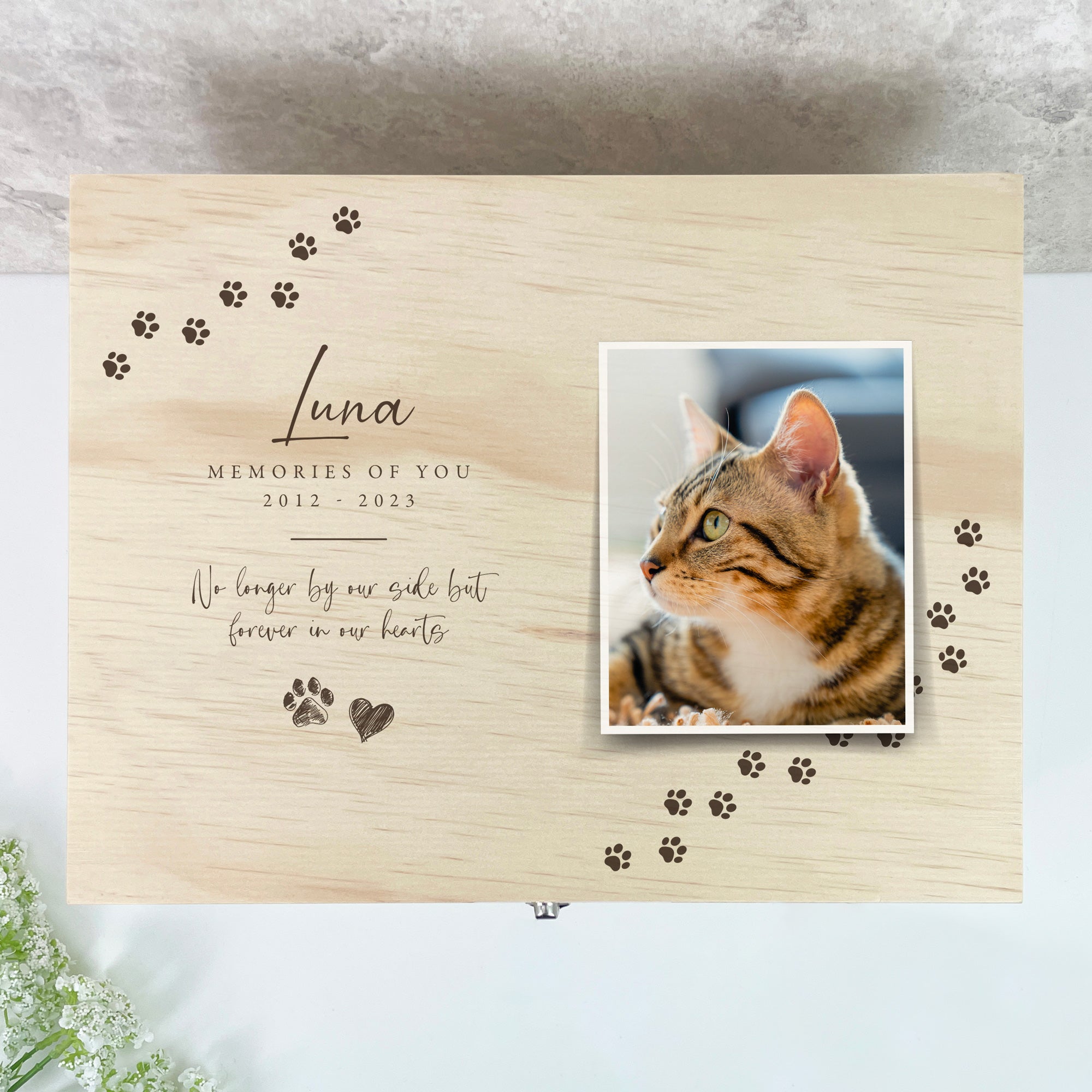 Personalized Paw Print Pine Wood Pet Memorial Photo Memory Box - 5 Sizes (16cm, 20cm, 26cm, 30cm, 36cm) - Perfect for Honoring Beloved Pets, Storing Pet Keepsakes & Cherished Memories