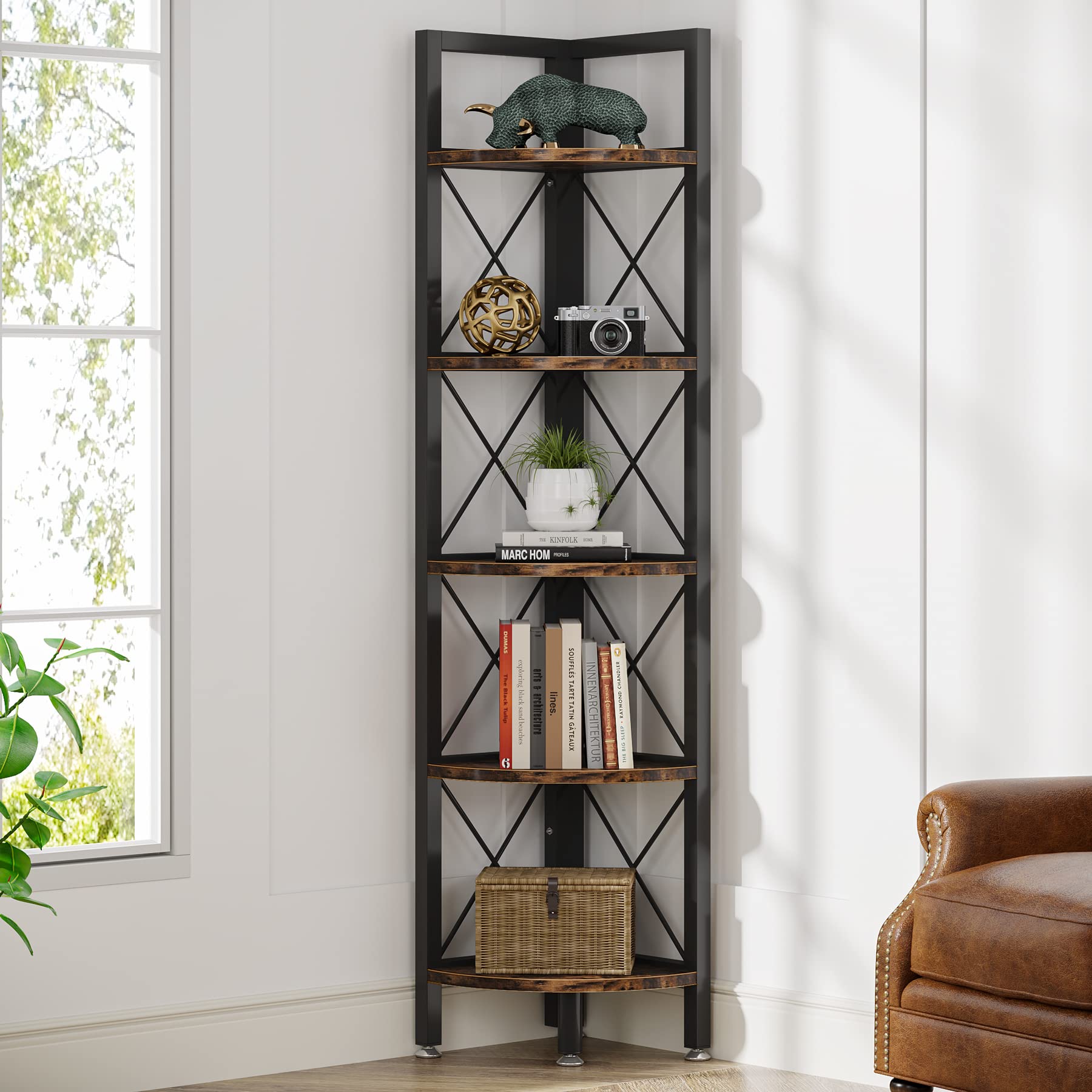 Tribesigns 5-Tier Corner Shelf - Rustic Wooden Bookcase, Small Space Storage Rack for Books, Plants & Decor | Perfect for Living Room, Home Office, Kitchen & Small Apartments | Space-Saving Corner Organizer Solution