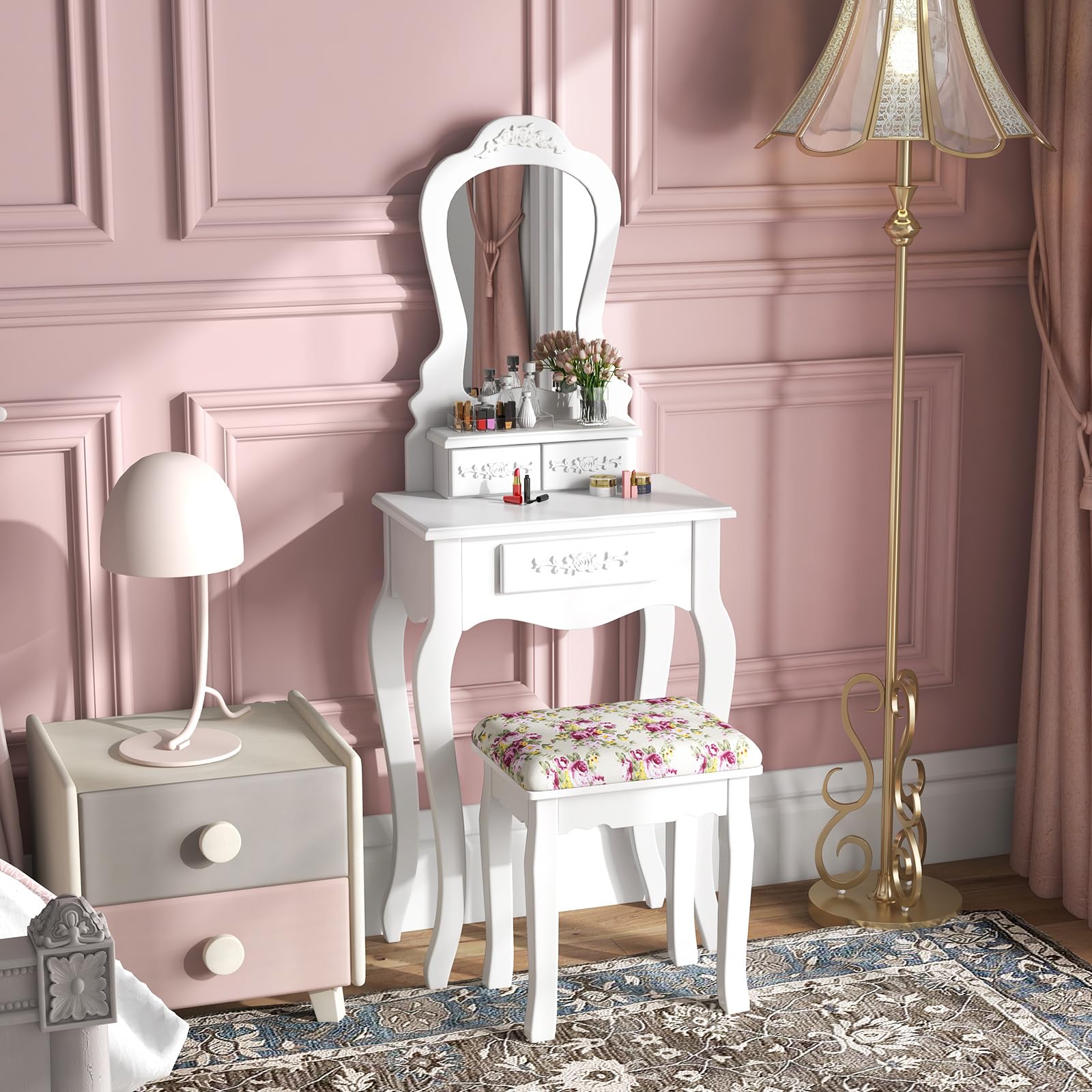 Vintage Wooden Makeup Vanity with Mirror & Stool - 3 Drawers, 50x30x136cm - Perfect for Bedroom & Dressing Room