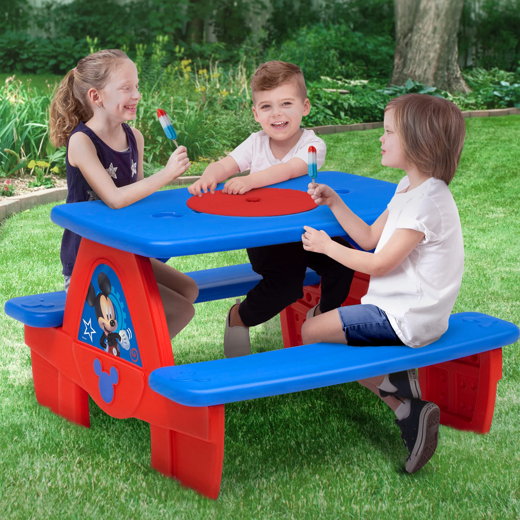 Disney Mickey Mouse 4-Seat Kids Picnic Table with Umbrella & LEGO-Compatible Tabletop - Outdoor Play, Birthday Parties, Backyard Fun by Delta Children