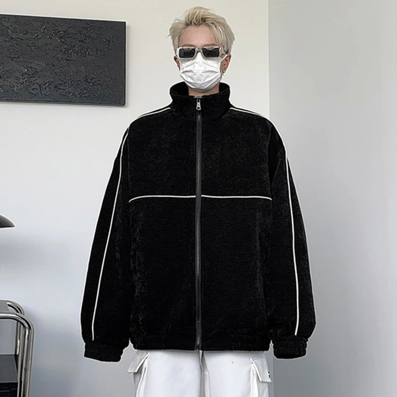 Stylish American Men's Jacket - Vertical Stripe Contrast Color Stand Collar Zipper Coat | Long Sleeve Casual Outerwear for Fall & Winter | Perfect for Daily Wear, Work & Outdoor Activities