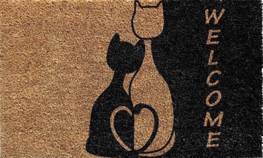 Premium Natural Coir Non-Slip Doormat for Front Door, Patio & All-Weather Exterior - Cat Lover Design with 2 Cats - Durable Brown Welcome Mat for Home, Office & Outdoor Use