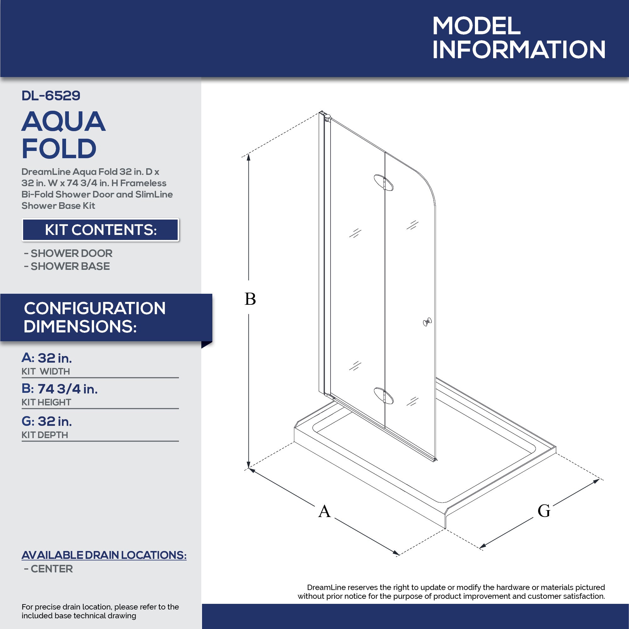 DreamLine Aqua Fold 32x32x74.75 Inch Frameless Bi-Fold Shower Door with SlimLine Base Kit - Space Saving Bathroom Solution for Small Spaces & Modern Home Renovations