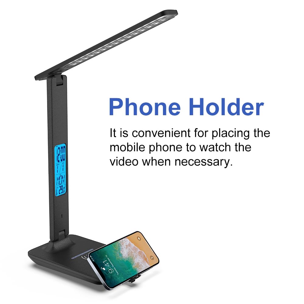 Multifunctional LED Desk Lamp with Wireless Charger & USB Port - Adjustable Study Light with Clock & Phone Holder for Home Office, Reading, Gaming - Eye-Caring Desk Lamp for Students, Teens, Boys & Girls (Black) - Perfect for Night Studying, Work from Home & Bedside Use