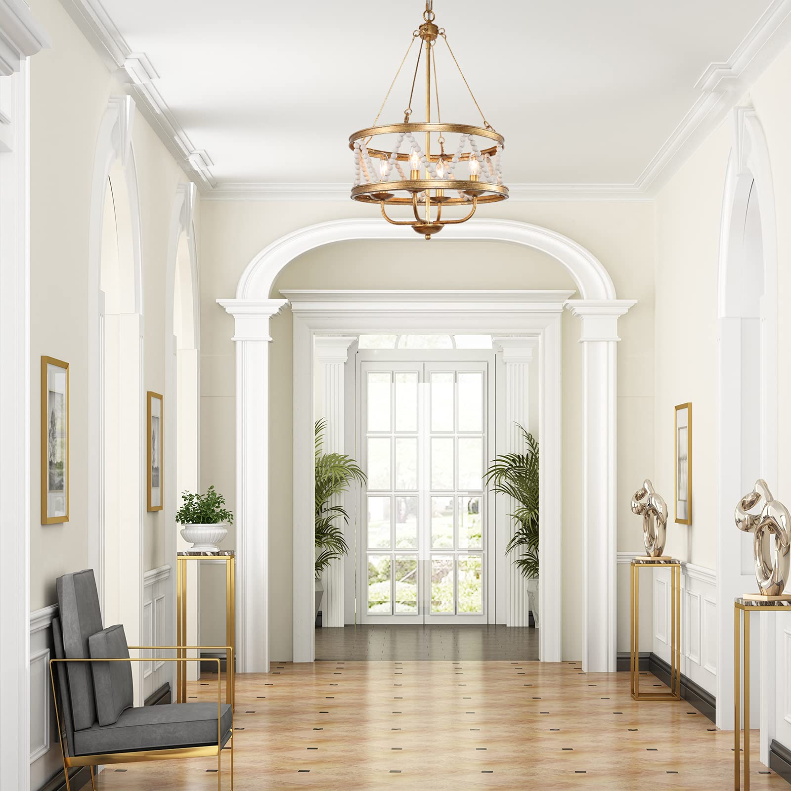 Elegant 4-Light Gold Chandelier with Beaded Drum Shade - 15.5