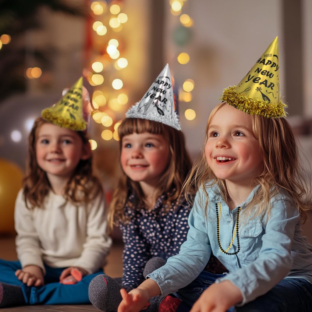 2025 New Year's Eve Party Supplies Kit for 100 Guests - 50 Hats, 50 Glasses, 50 LED Necklaces, 50 Noise Makers, 50 Blowouts & Happy New Year Banner - Perfect for Countdown Celebrations, Ball Drop Parties & NYE Gatherings