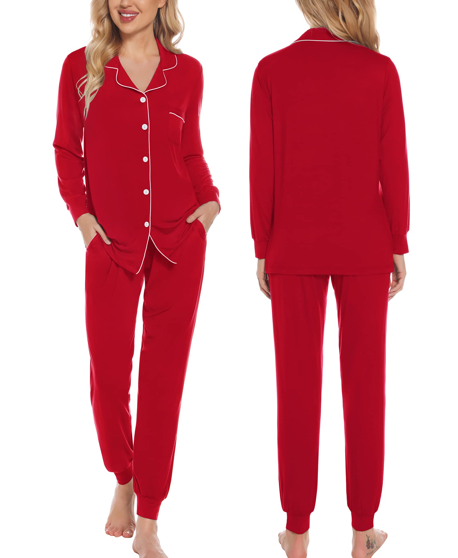 SWOMOG Women's Long Sleeve Pajama Set - Soft Button Down Sleepwear with Pockets, Comfy Jogger Pants for Nightwear & Lounge Wear - Perfect for Relaxing at Home, Sleepovers and Cozy Evenings