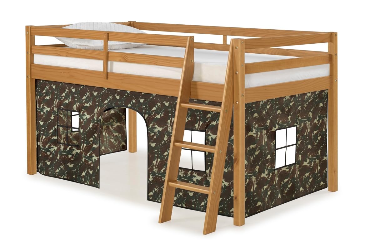 Roxy Junior Loft Bed Twin Size - Cinnamon Finish with Green Camo Bottom Tent, Safety Guardrails & Versatile Ladder | Machine-Washable Playhouse Tent for Kids Bedroom | Perfect for Small Spaces, Sleepovers & Playtime Adventures