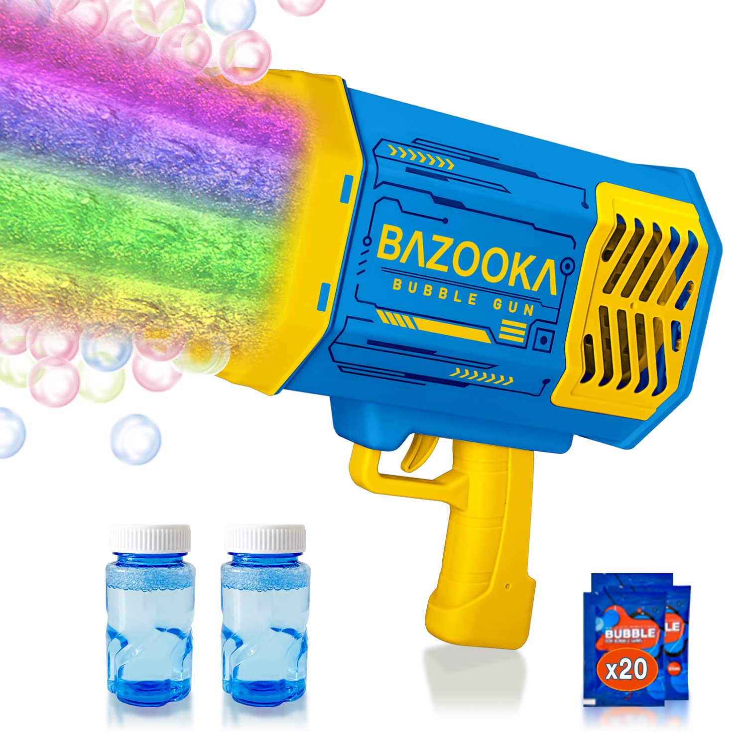 69 Holes Bubble Machine with LED Lights - Bubble Blower Gun for Kids, Toddlers & Adults - Bubble Maker Toy for Birthday Parties, Weddings, Summer Outdoor Fun - Blue Rocket Launcher Style (Great for Backyard Play, Pool Parties & Festive Events)