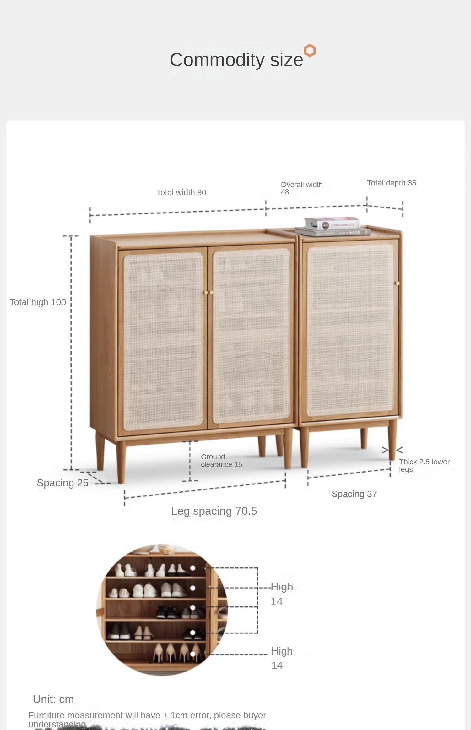 Solid Oak Wood Shoe Storage Cabinet with Rattan Doors - Organize Shoes Neatly in Entryway, Bedroom or Closet