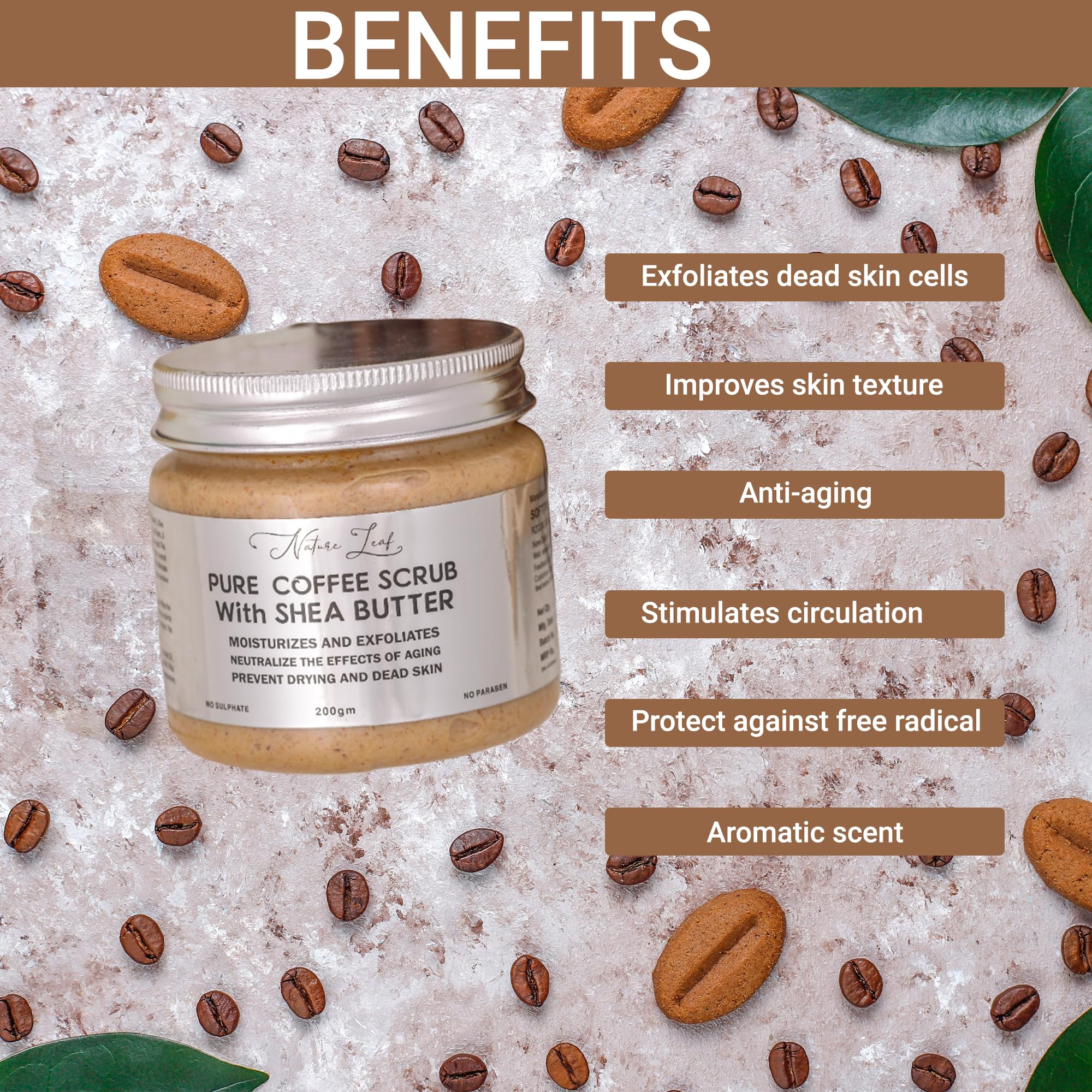 Natural Leaf Pure Coffee Scrub with Shea Butter - Exfoliating & Tan Removing Facial Scrub for Women & Men | Dead Skin Removal & Skin Brightening | 200g | Perfect for Spa Day & At-Home Skincare Routine