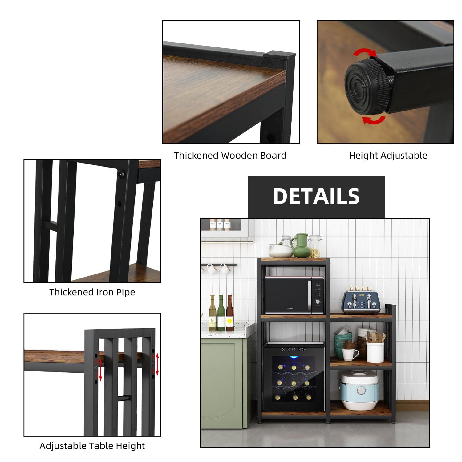 BRIGHTSHOW 6-Tier Kitchen Storage Shelf - Bakers Rack, Coffee Bar Table, Microwave & Mini Fridge Stand - Organizer for Spices, Pots, Pans (52