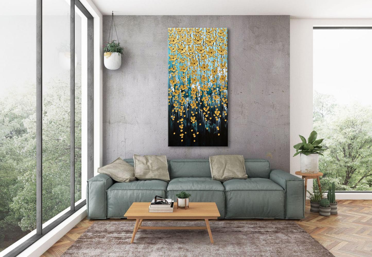 Zoinart 3D Modern Oil Painting on Canvas 24x48 Inches - Hand Painted Abstract Gold Floral Artwork with Texture - Vertical Contemporary Wall Art for Living Room, Bedroom & Office Decor