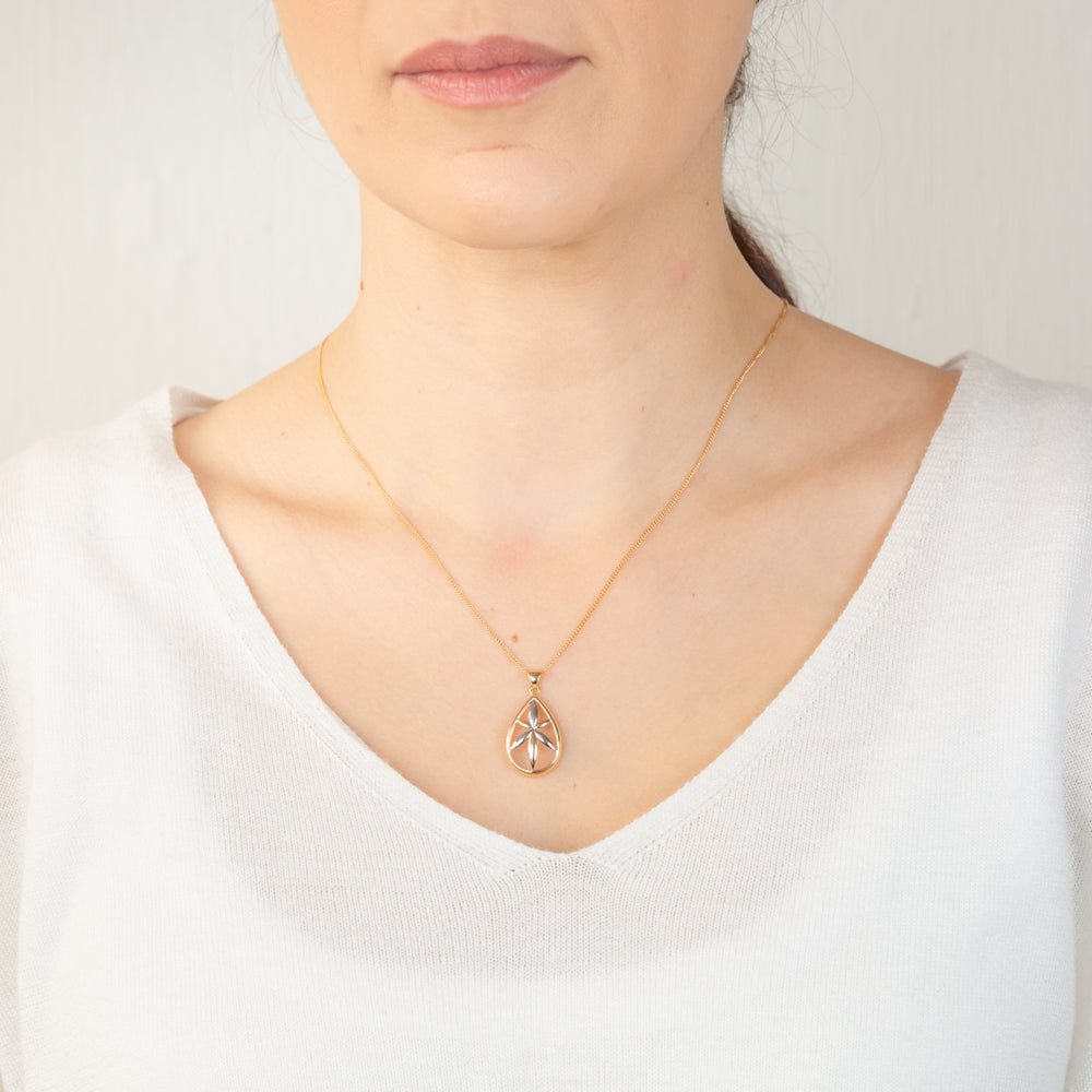 9ct Yellow & White Gold Pear-Shaped Flower Pendant Necklace - Elegant Jewelry for Women, Perfect for Weddings, Anniversaries & Special Occasions